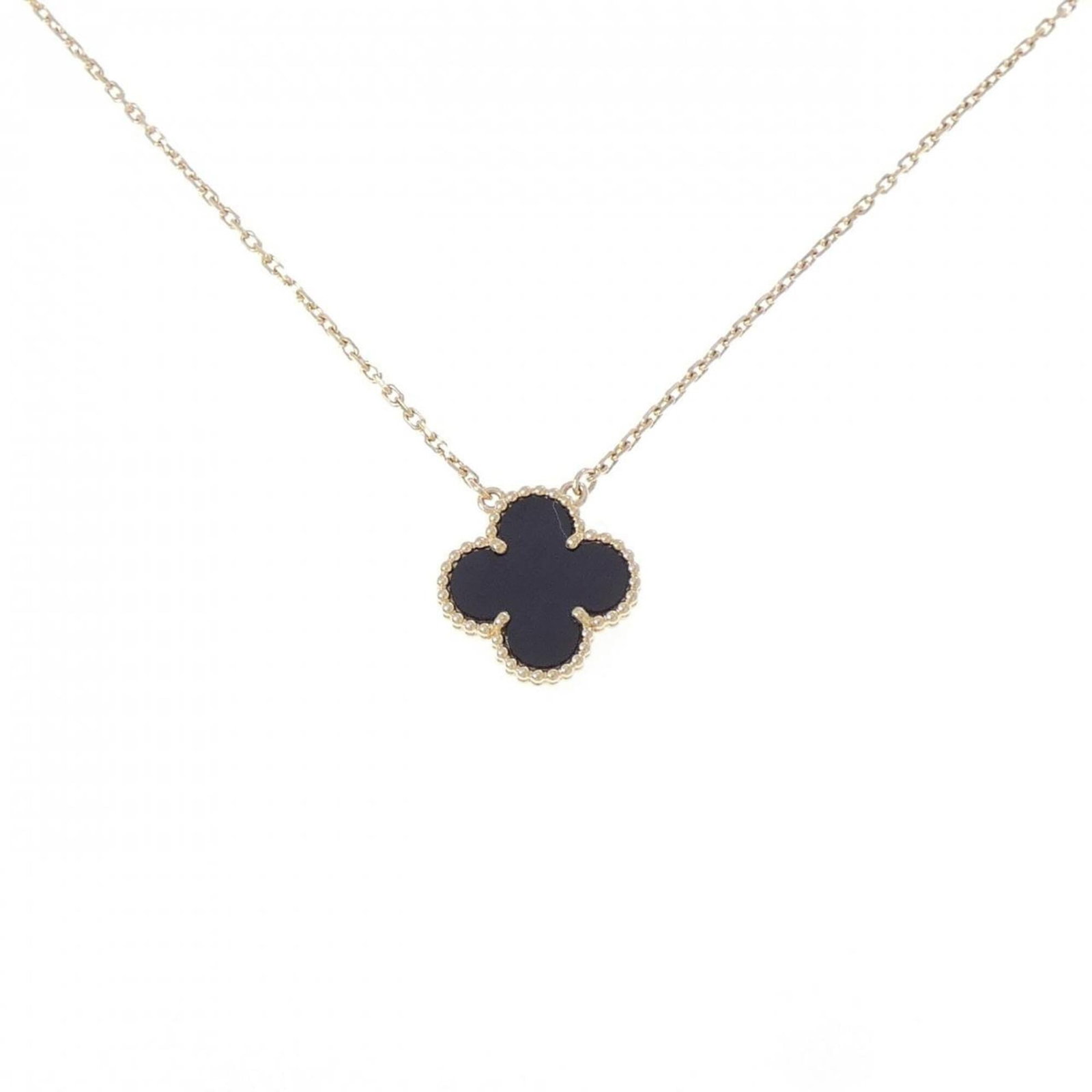 Vintage Alhambra Van Cleef Necklace: Vintage Alhambra Van Cleef Necklace Yellow gold pendant onyx necklace from Van Cleef & Arpels, featuring a 14.8mm x 14.8mm onyx stone set in an 18K yellow gold setting. The necklace measures 40 cm - 4