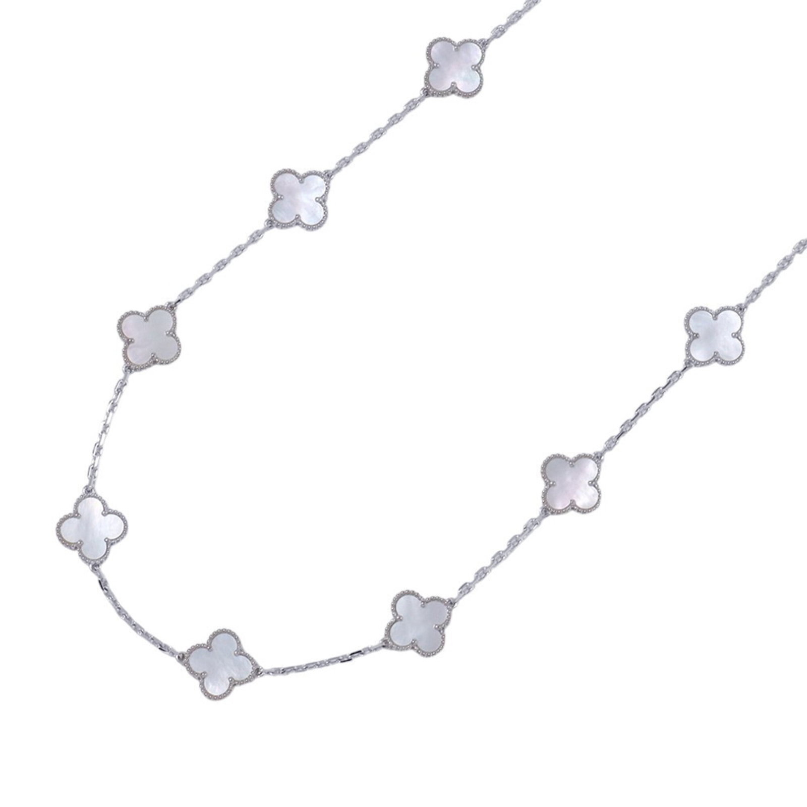 Van Cleef & Arpels Alhambra Necklace 10 Motifs Mother-Of-Pearl 18K White Gold (Vcarf48500): Van Cleef & Arpels Alhambra Necklace 10 Motifs Mother-Of-Pearl 18K White Gold (Vcarf48500) 18K White Gold Alhambra Necklace with 10 Motifs Mother-of-Pearl Pendant, crafted by Van Cleef & Arpels. This 