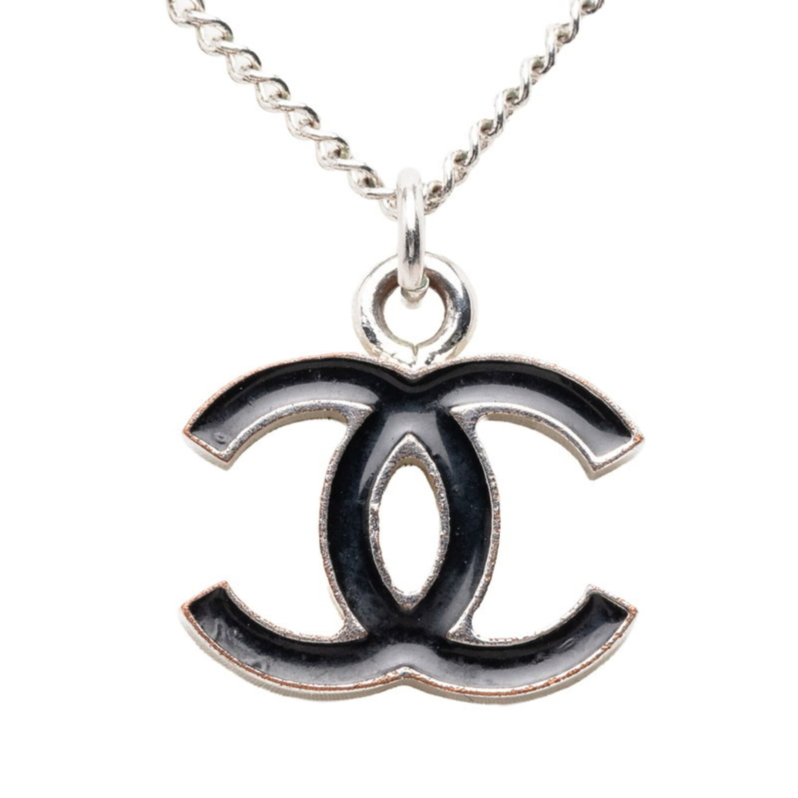 Chanel Coco Mark Pendant Necklace Silver Black Metal Enamel Women'S Chanel (1 of 6)