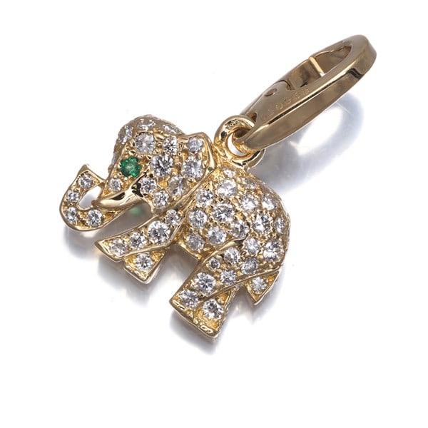 Cartier Pendant Emerald Diamond Khandy Elephant Charm 18K Yg: Cartier Pendant Emerald Diamond Khandy Elephant Charm 18K Yg Cartier's Khandy Elephant Charm pendant showcases a stunning combination of natural emerald and diamond, set in 18k yellow gold. The intric