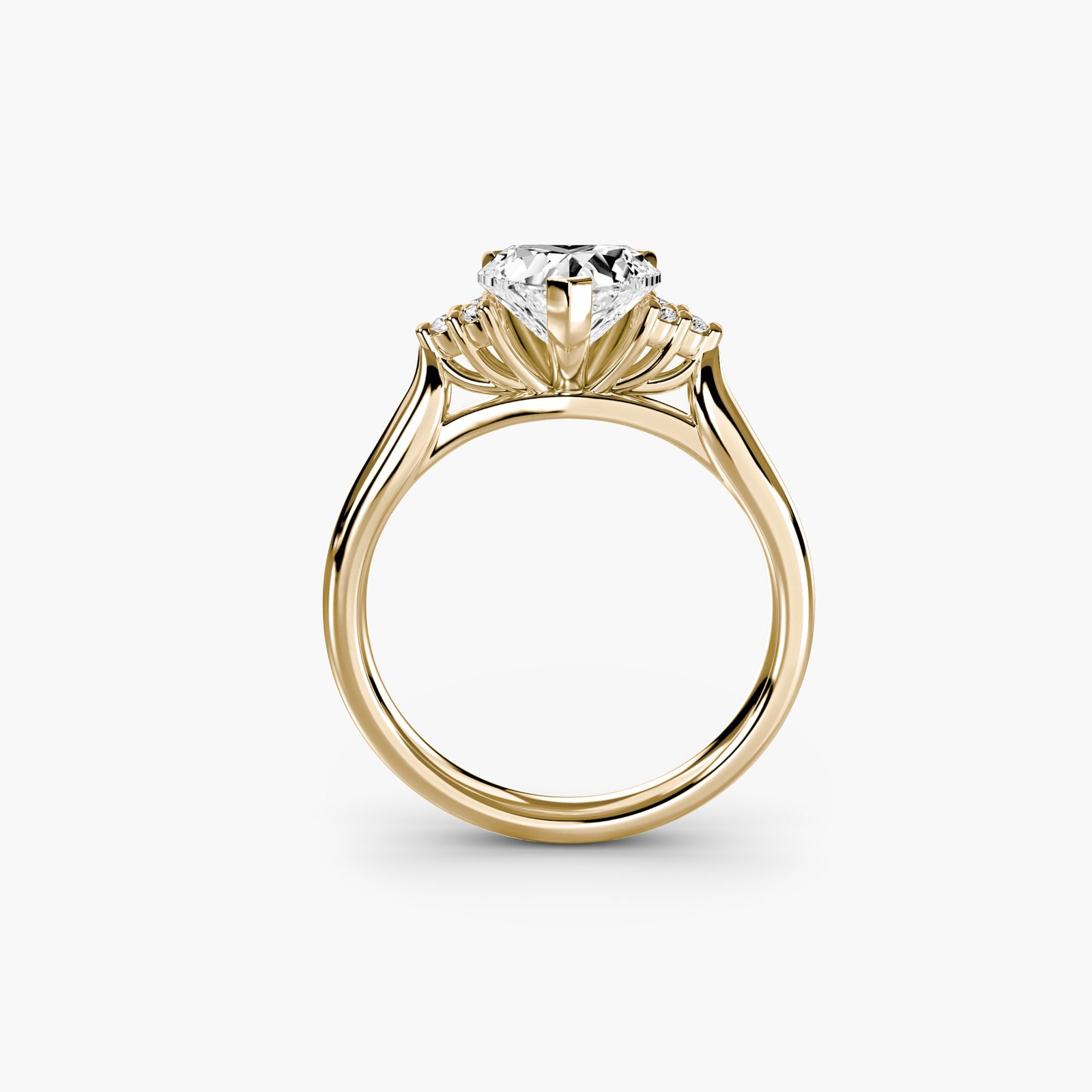 Solitaire Heart 14Kt Yellow Gold Ring Setting: Solitaire Heart 14Kt Yellow Gold Ring Setting 14Kt yellow gold heart ring setting, featuring six lab-grown side stones totaling 0.09 carats, set in a sleek and modern design with a 2.5mm wide band.