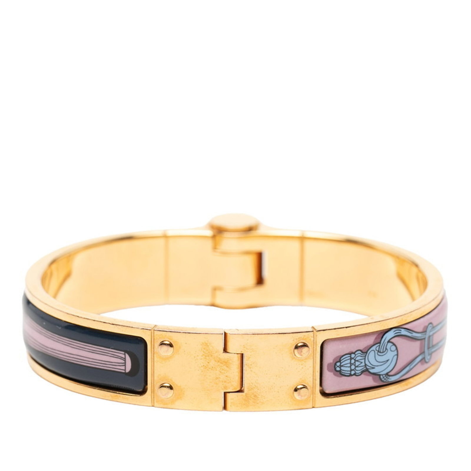 Hermes Bangle: Hermes Bangle The Hermes bangle boasts its signature multi-color design, set against a gold base, with a length of 15cm. Traces of usage are evident, including minor scratches and dirt, but overall th