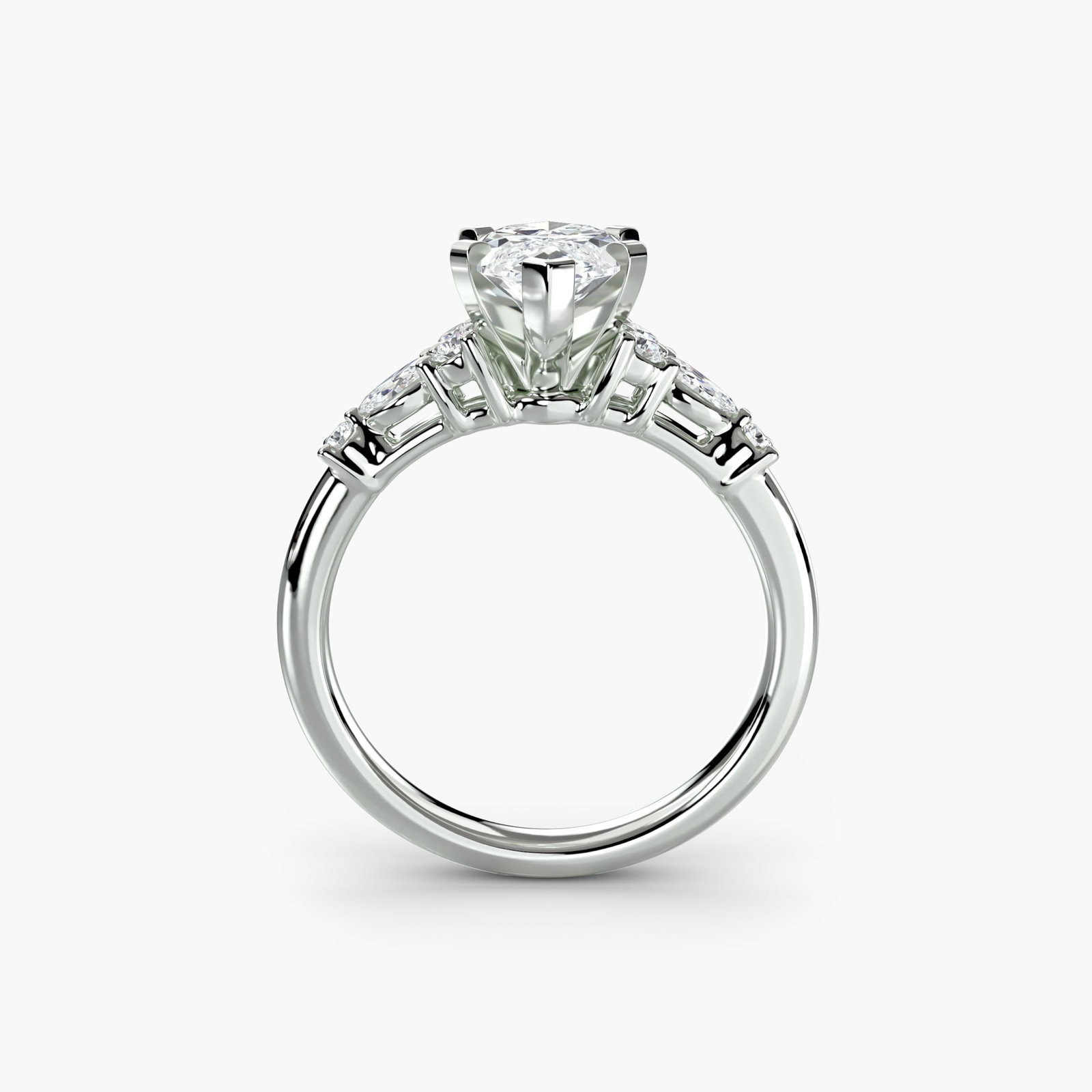 Side Stone Marquise 18Kt White Gold Ring Setting: Side Stone Marquise 18Kt White Gold Ring Setting Marquise shape adds elegance to the side stone setting, showcasing eight lab-grown stones totaling 0.22 carats in EF/VS clarity and color. The 18Kt