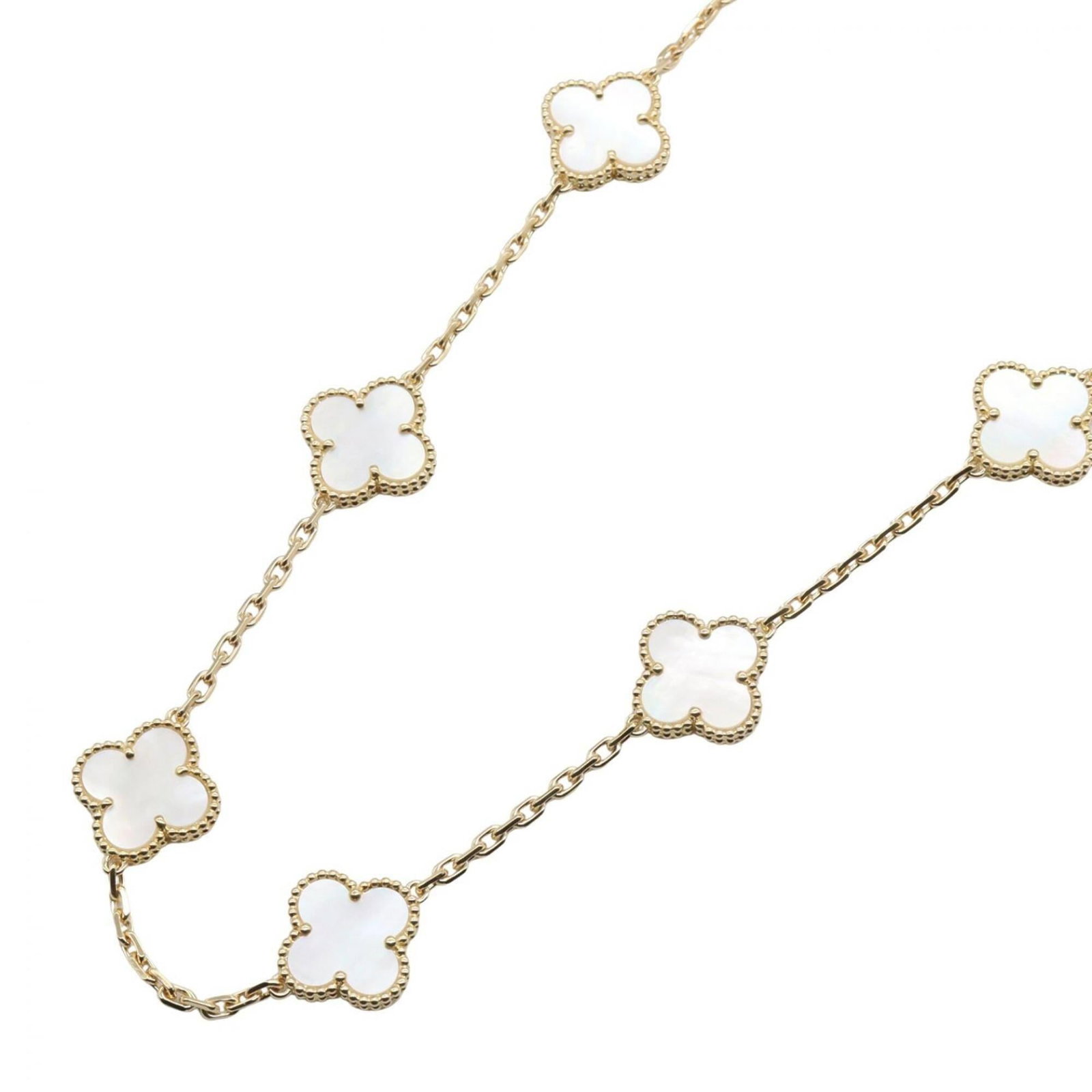 Van Cleef & Arpels Vintage Alhambra 10 Motif Mother-Of-Pearl Necklace 18K (Yellow Gold): Van Cleef & Arpels Vintage Alhambra 10 Motif Mother-Of-Pearl Necklace 18K (Yellow Gold) Van Cleef & Arpels' iconic Alhambra motif shines in this vintage 10-motif mother-of-pearl necklace, crafted
