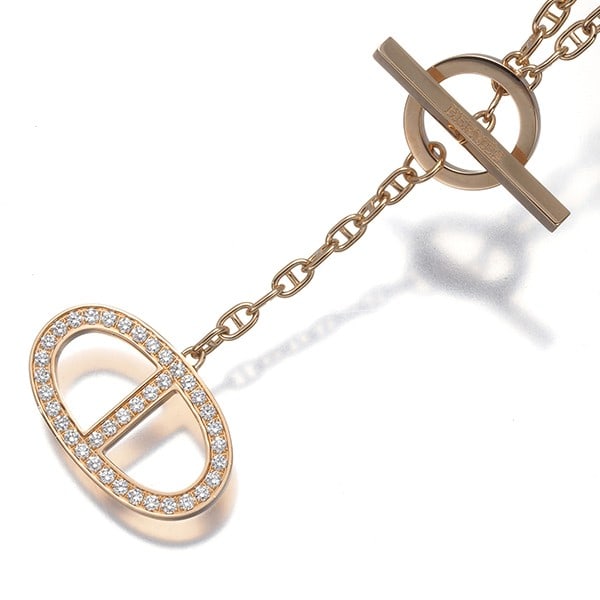 Hermes Necklace Diamond Chaine D'Ancre Contour 18K 750 Rose Gold: Hermes Necklace Diamond Chaine D'Ancre Contour 18K 750 Rose Gold Rose gold necklace featuring a diamond pendant on an 18k chain, part of the iconic Chaine d'Ancre Contour collection by Hermes. The nat