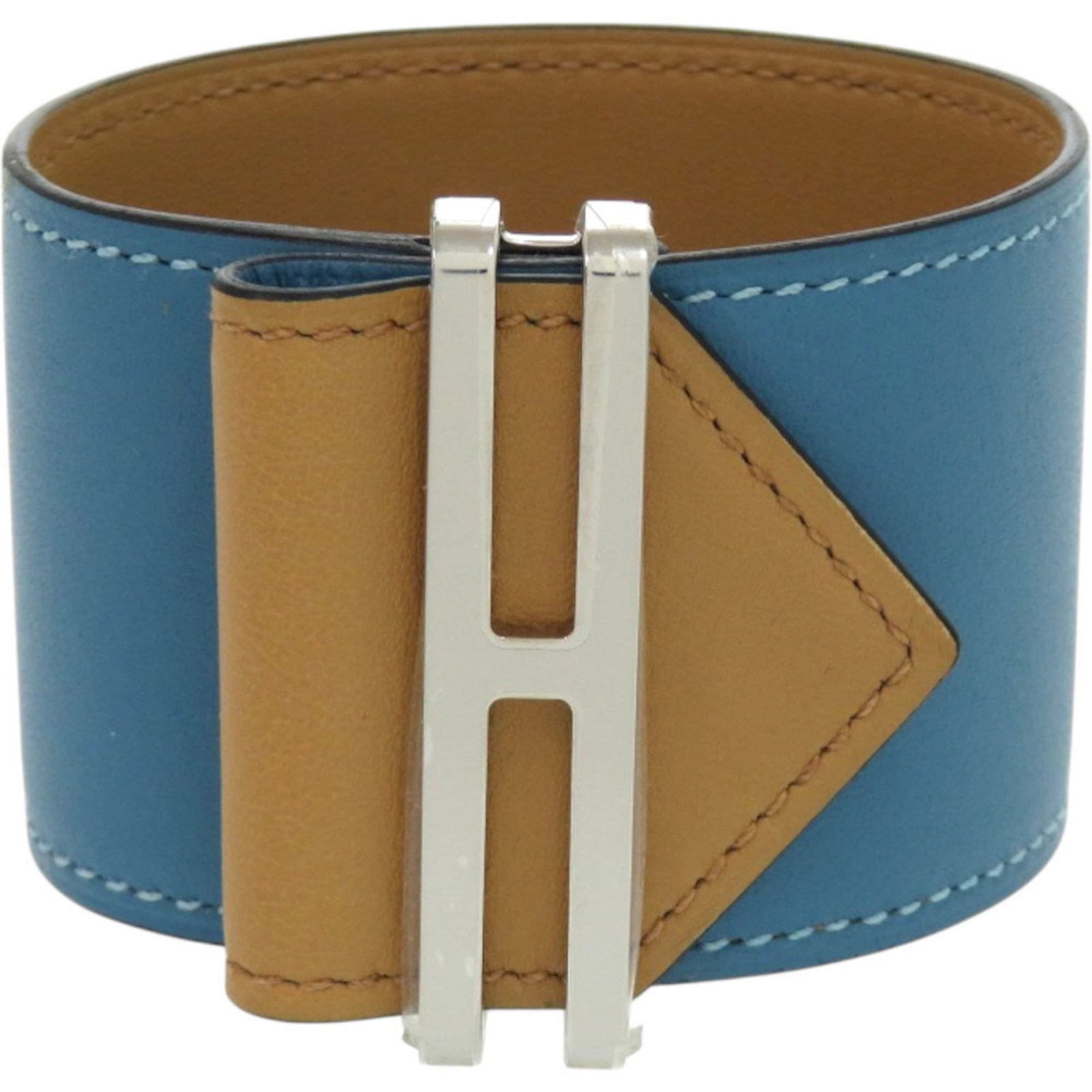Hermes Bangle Ardennes Leather Metal Swift Leather: Hermes Bangle Ardennes Leather Metal Swift Leather Ardennes Leather Bangle with Silver Metal Accents, featuring Swift Leather details in a striking blue hue. This pre-owned Hermes bangle boasts a