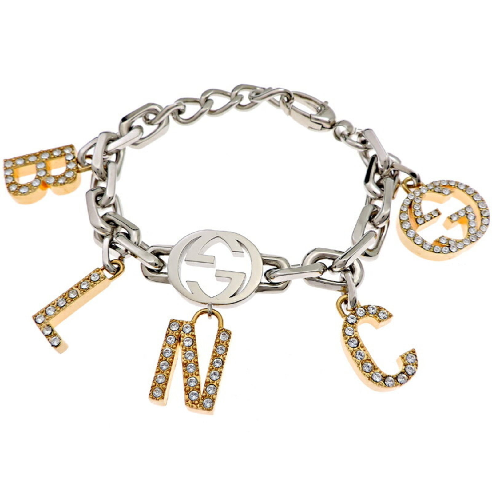 Gucci Charm Bracelet Metal: Gucci Charm Bracelet Metal Silver charm bracelet with crystal stone from Gucci, featuring a metal design. The item has been used and shows signs of wear, including scratches and dirt, but remains in g