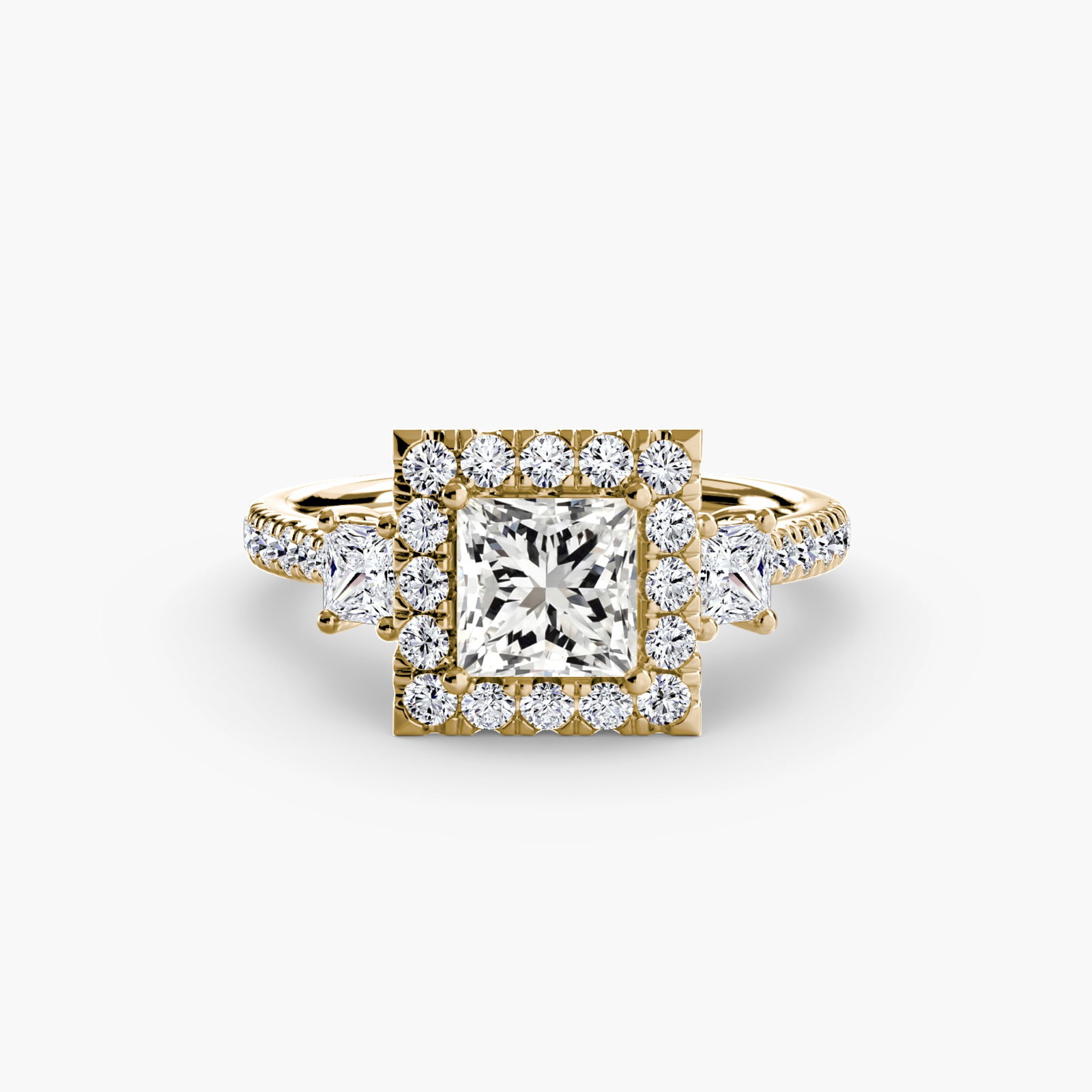 Halo Princess 14Kt Yellow Gold Ring Setting: Halo Princess 14Kt Yellow Gold Ring Setting 14Kt Yellow Gold Halo Princess Ring Setting for the perfect centerpiece. This stunning ring setting boasts 30 side stones totaling 0.756 carats, crafted fro