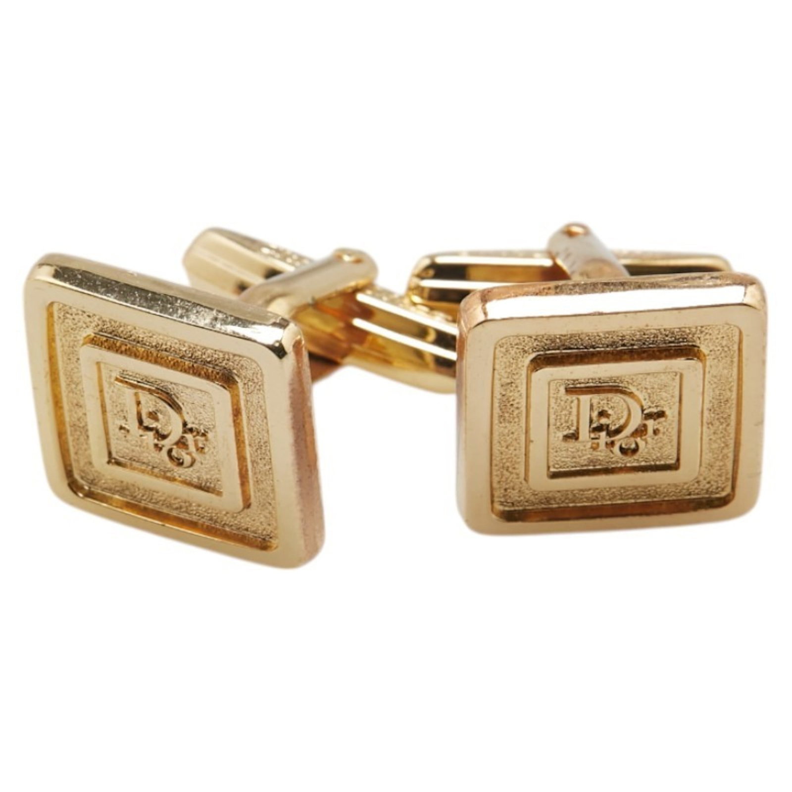 Christian Dior Cufflinks: Christian Dior Cufflinks Used Christian Dior cufflinks in gold, measuring 16.20mm x 16.20mm, with some traces of usage and minor scratches/dirt visible, bearing a signature. These cufflinks are in