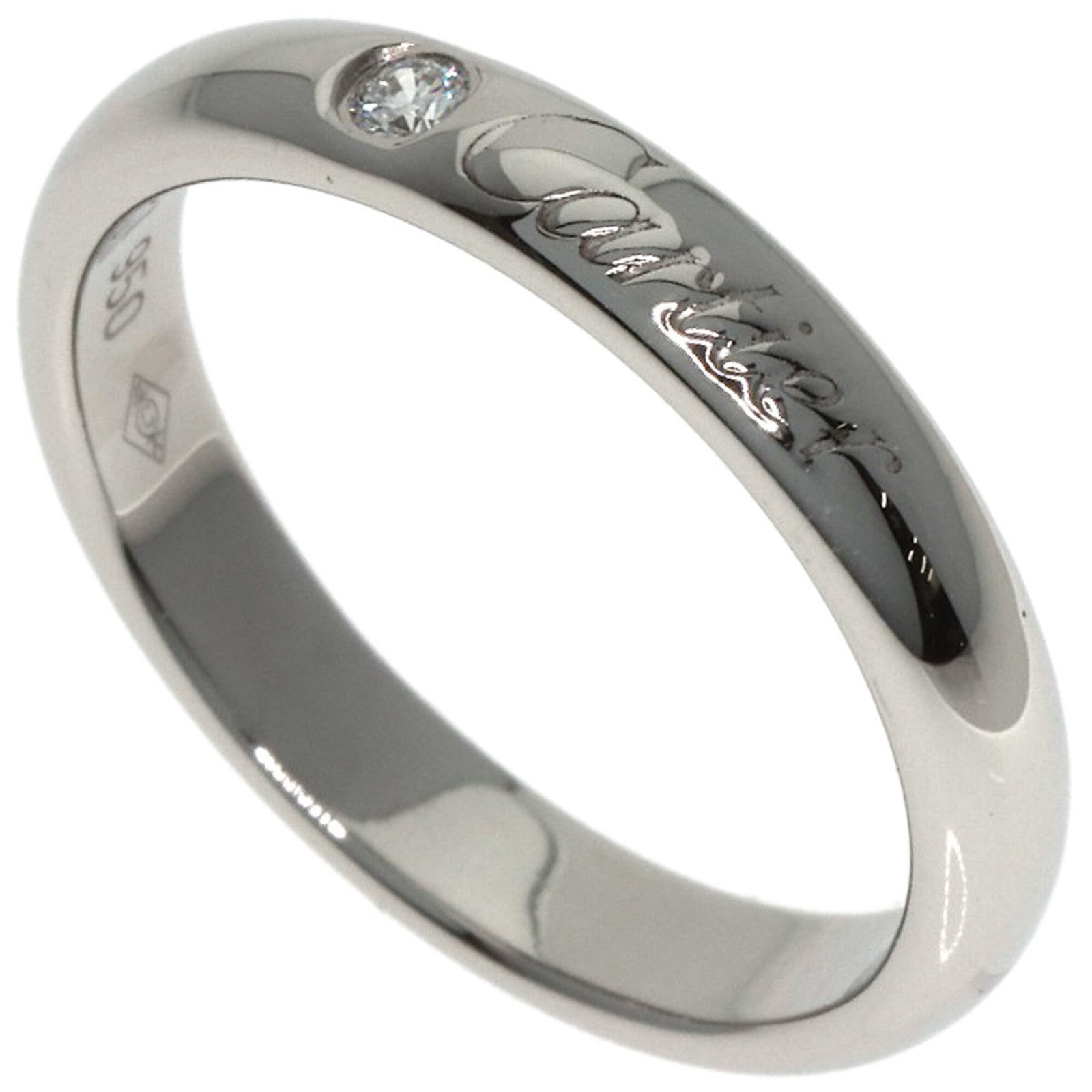 Ring Band by Platinum 950: Ring Band by Platinum 950 Platinum 950 band ring by Cartier, featuring a diamond stone and available in US size 4. The item shows some signs of usage, including a few scratches and traces of dirt,