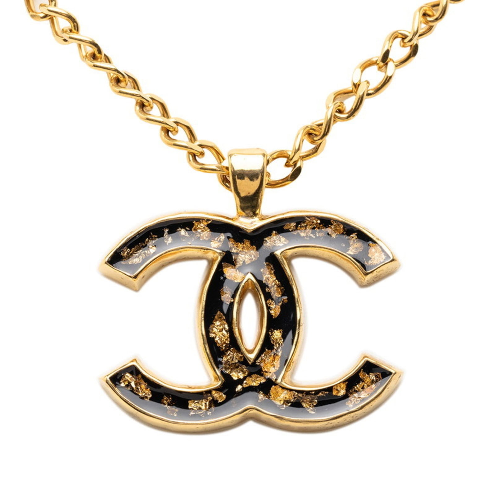 Chanel Coco Mark Gold Black Plated Enamel Necklace for Women: Chanel Coco Mark Gold Black Plated Enamel Necklace for Women Black plated enamel pendant set against gold background, measuring 36.1mm x 49.9mm, features the iconic Coco Mark logo from Chanel. This ne