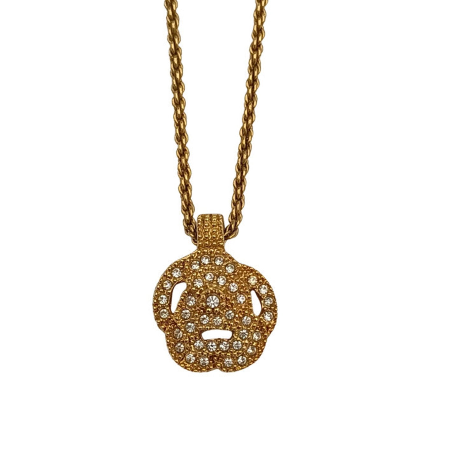 Christian Dior Necklace Gold Rhinestones Metal For Women.: Christian Dior Necklace Gold Rhinestones Metal For Women. Gold rhinestones adorn this Christian Dior necklace, adding a touch of luxury to any outfit. The metal pendant measures 19mm x 15mm and featur