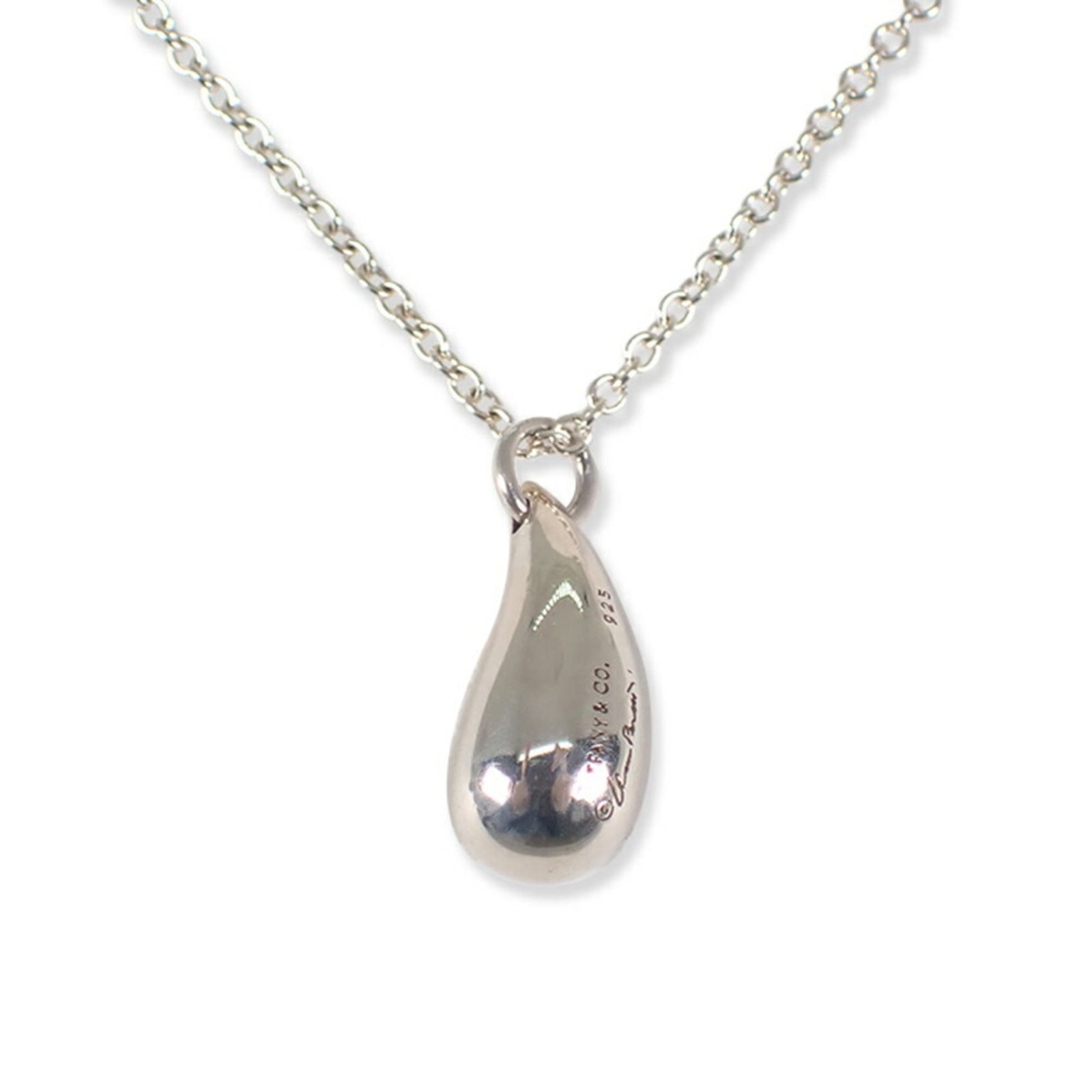 Tiffany 925 Teardrop Pendant Necklace: Tiffany 925 Teardrop Pendant Necklace Sterling silver teardrop pendant necklace from Tiffany, featuring a 12.3mm x 5.3mm design with a 42 cm / 16.53'' adjustable neck circumference. The piece bears