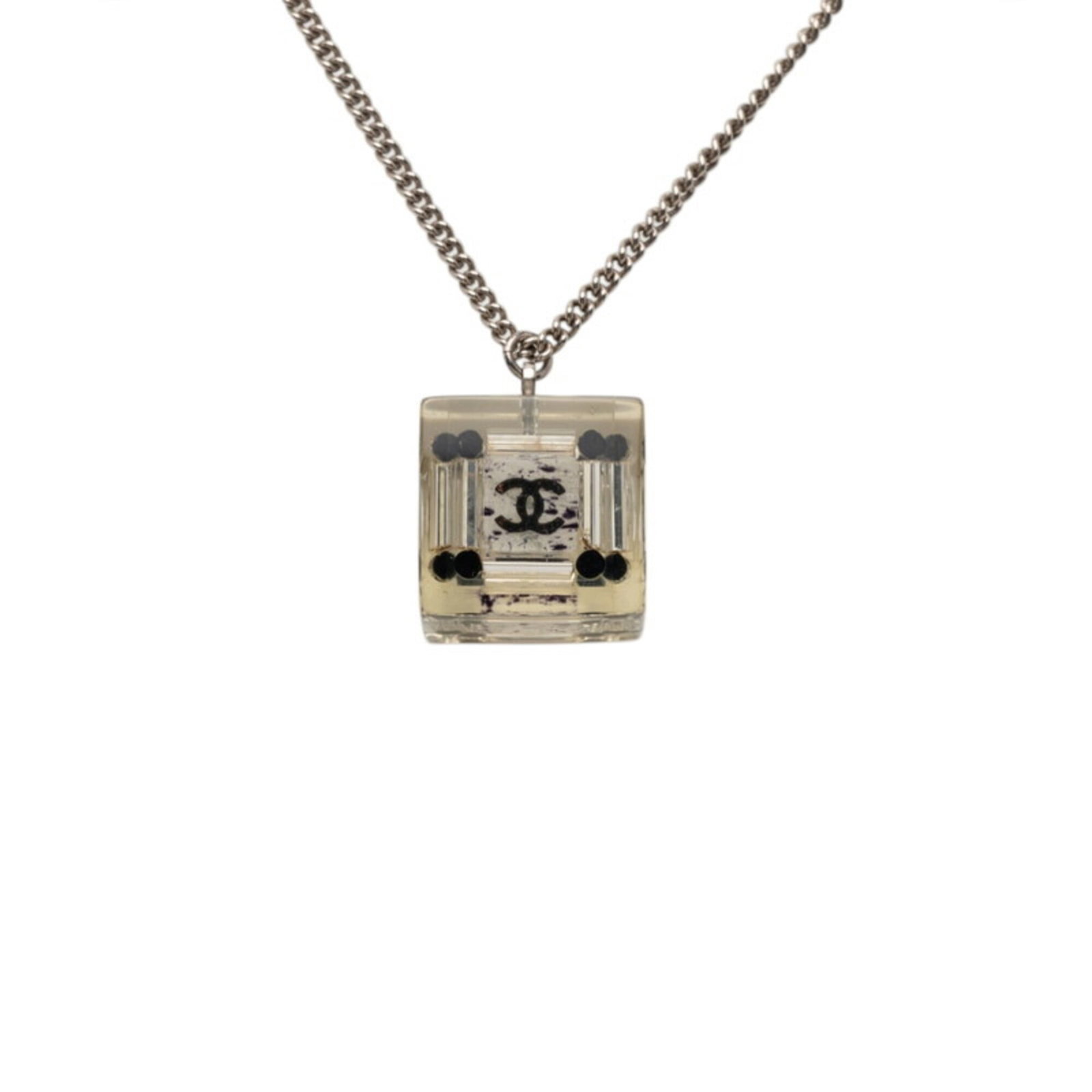 Clear Black Silver Women's Plastic Metal Pendant Square Chanel Necklace Cube Coco.: Clear Black Silver Women's Plastic Metal Pendant Square Chanel Necklace Cube Coco. Square Chanel Necklace Cube Coco features a striking clear black silver pendant, adding an edgy touch to any outfit. 