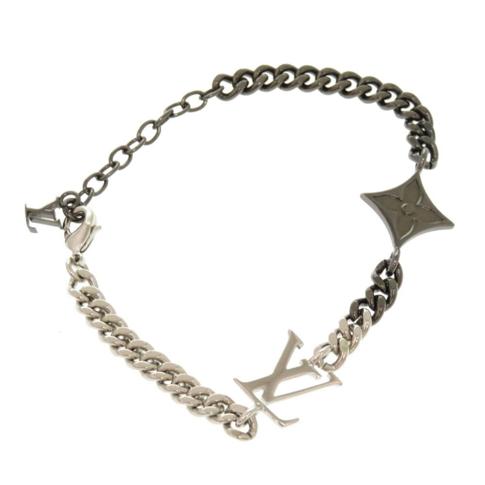 Charm of Louis Vuitton Metal: Charm of Louis Vuitton Metal Charm of Louis Vuitton Metal, a sleek black and silver metal charm, adorns a 20cm / 7.87'' bracelet with a worn, used condition showcasing subtle traces of usage and minor