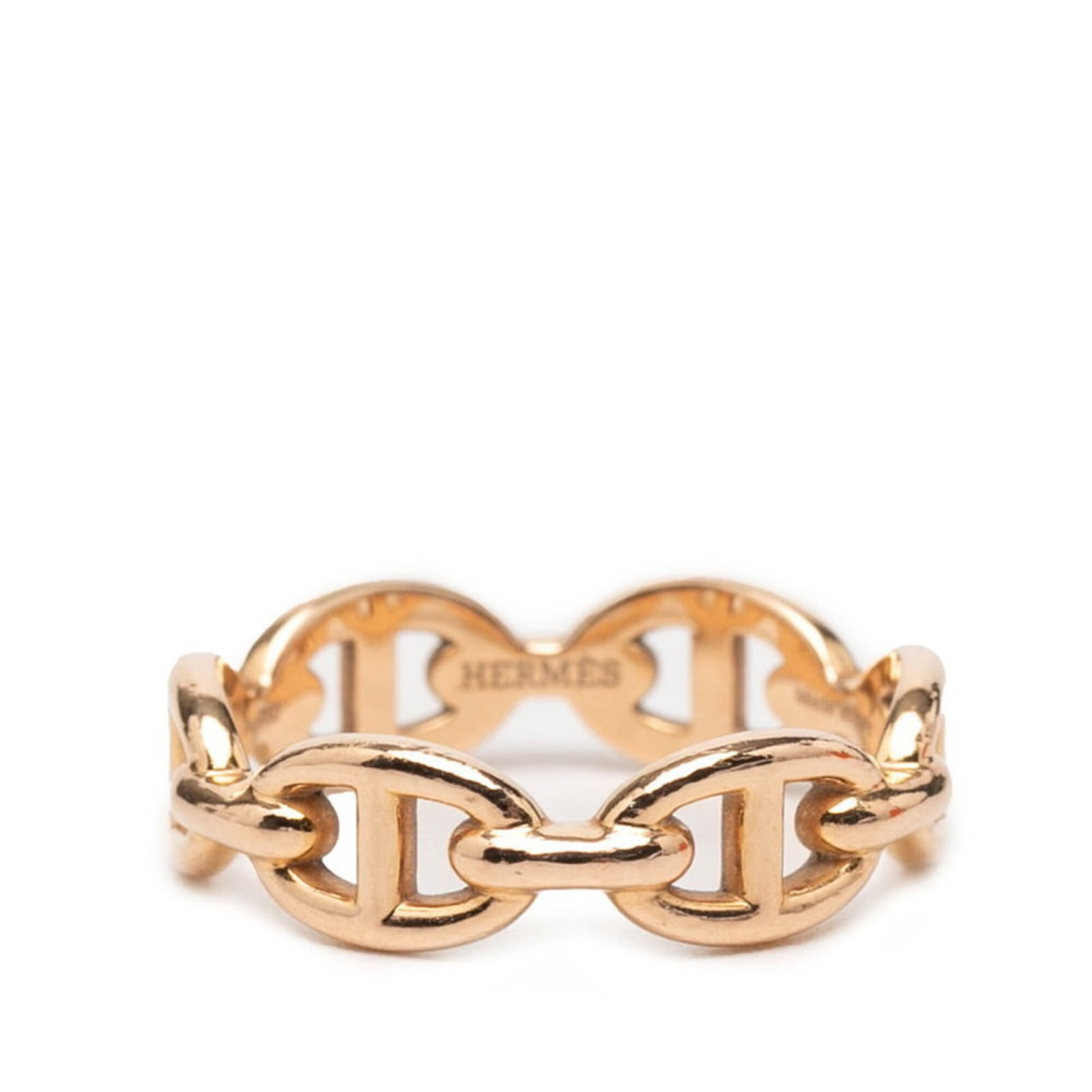 Pink Gold 18k Hermes Band Ring: Pink Gold 18k Hermes Band Ring Pink Gold 18k Hermes Band Ring - A pre-owned, high-quality band ring featuring pink gold (18K) material and a classic design. The ring bears traces of usage and minor sc