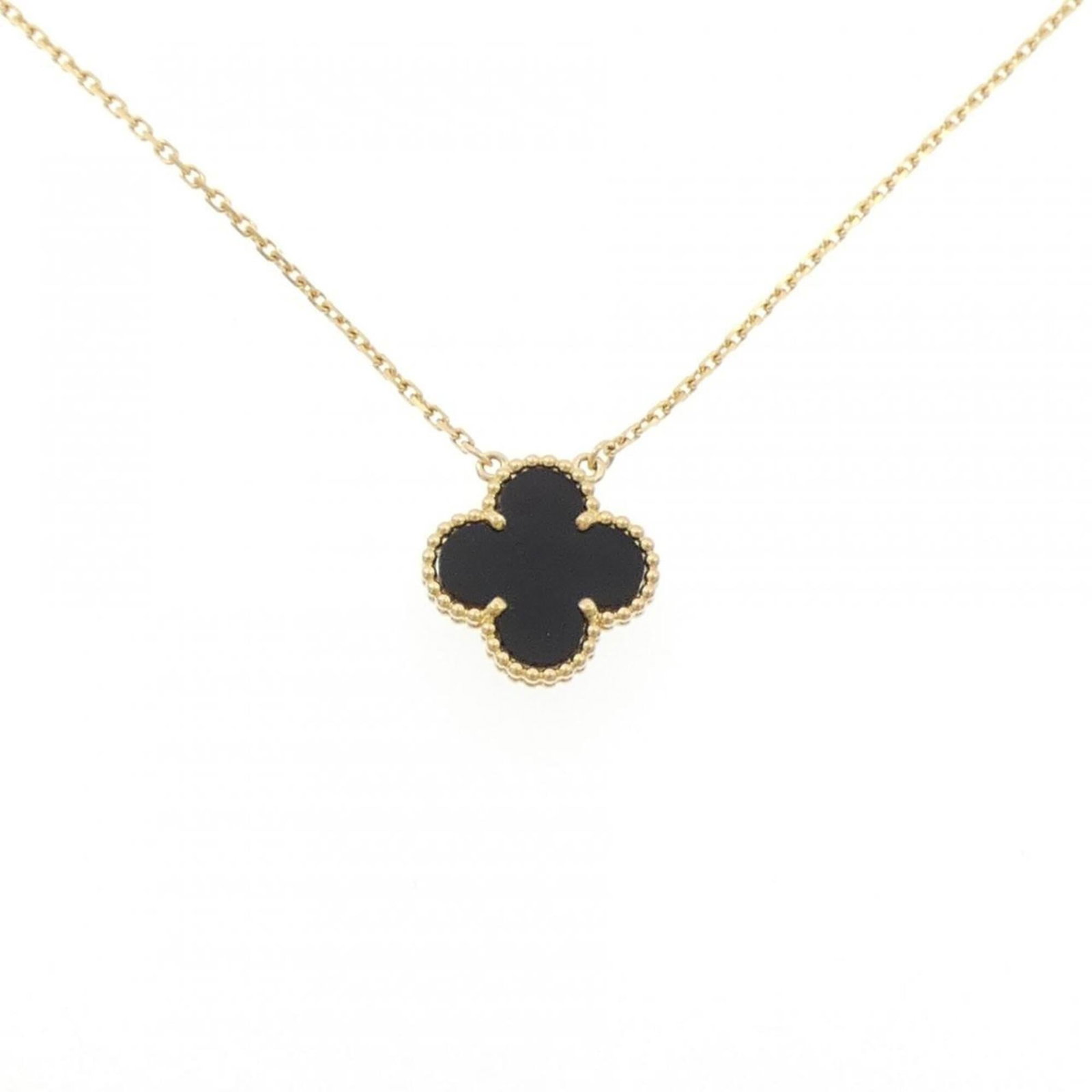 Vintage Alhambra Van Cleef Necklace: Vintage Alhambra Van Cleef Necklace Yellow gold (18K) Van Cleef & Arpels necklace features an onyx pendant, measuring 14.8mm x 14.8mm and set in a 38-42cm adjustable chain. The piece bears minor trace