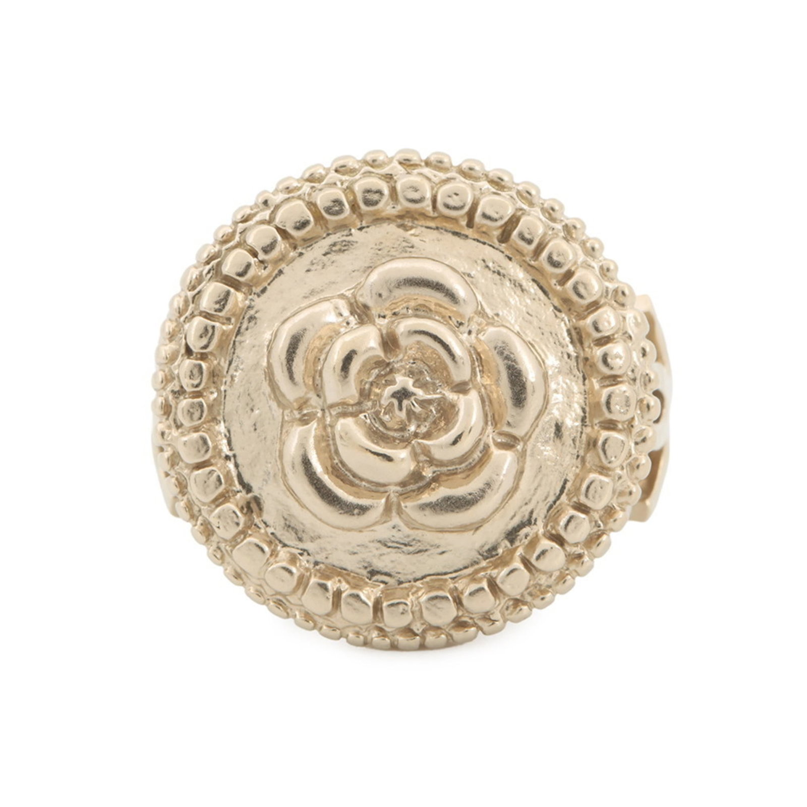 Chanel Ring Coco Mark Camellia B15P Chanel Ring: Chanel Ring Coco Mark Camellia B15P Chanel Ring Champagne Gold Chanel Ring Coco Mark Camellia B15P features a luxurious metal design. The ring bears a signature, and its champagne gold color adds a