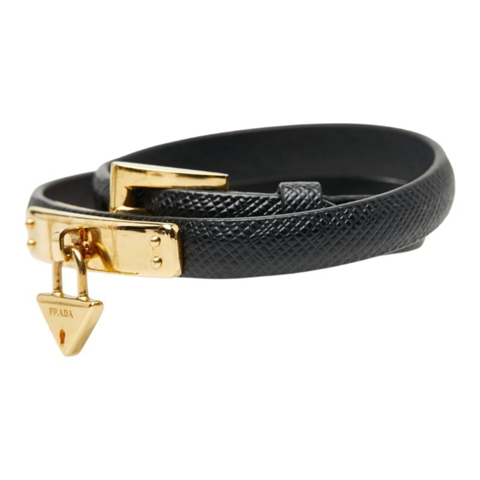 Prada Charm Bracelet Leather: Prada Charm Bracelet Leather Saffiano leather charm bracelet from Prada, featuring a sleek black design with minor traces of usage and some scratches. The condition is very good, reflecting its