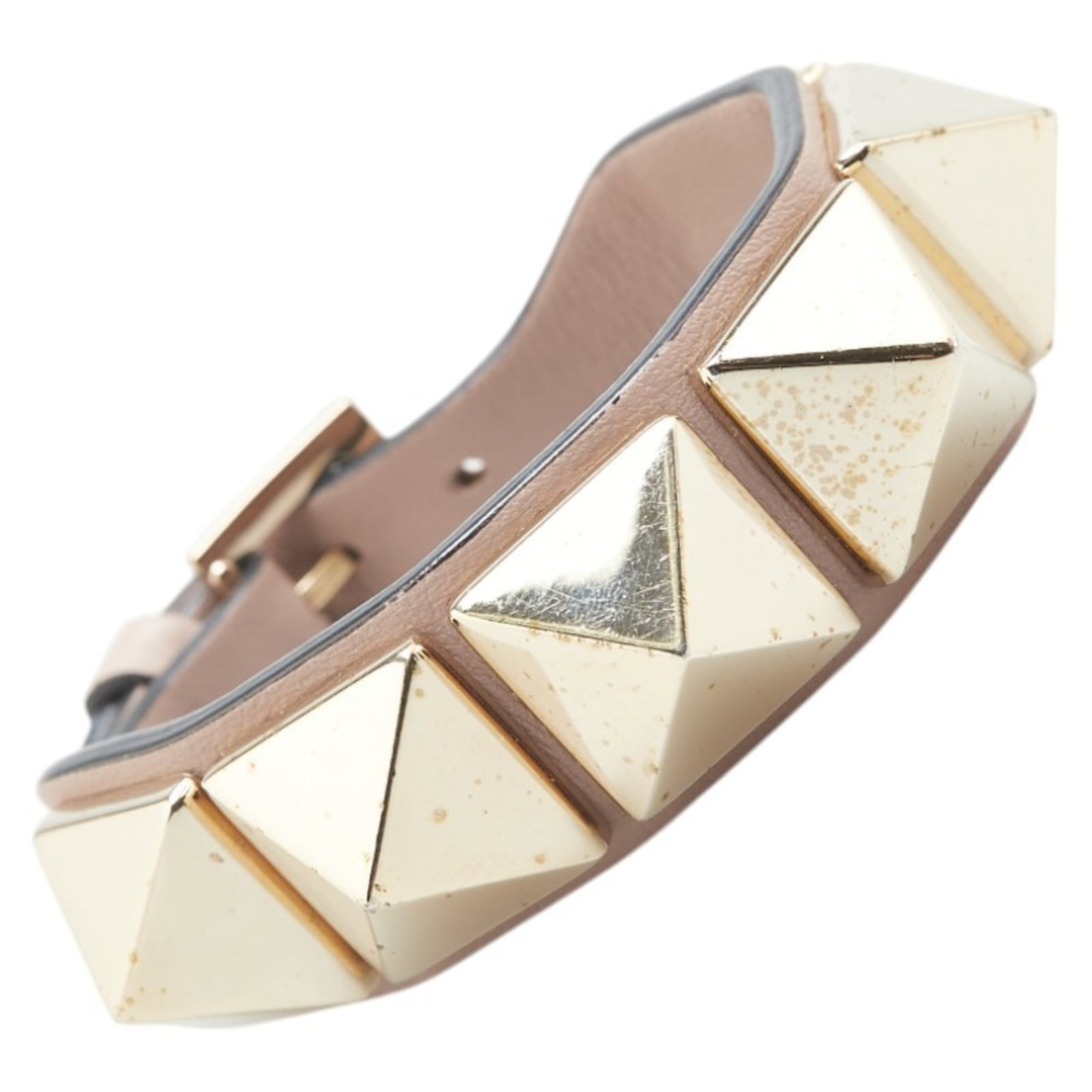Valentino Charm Bracelet Leather: Valentino Charm Bracelet Leather Gold and pink beige leather charm bracelet from Valentino, with traces of usage visible. The 15cm-17cm length offers a versatile fit for various wrist sizes. A used