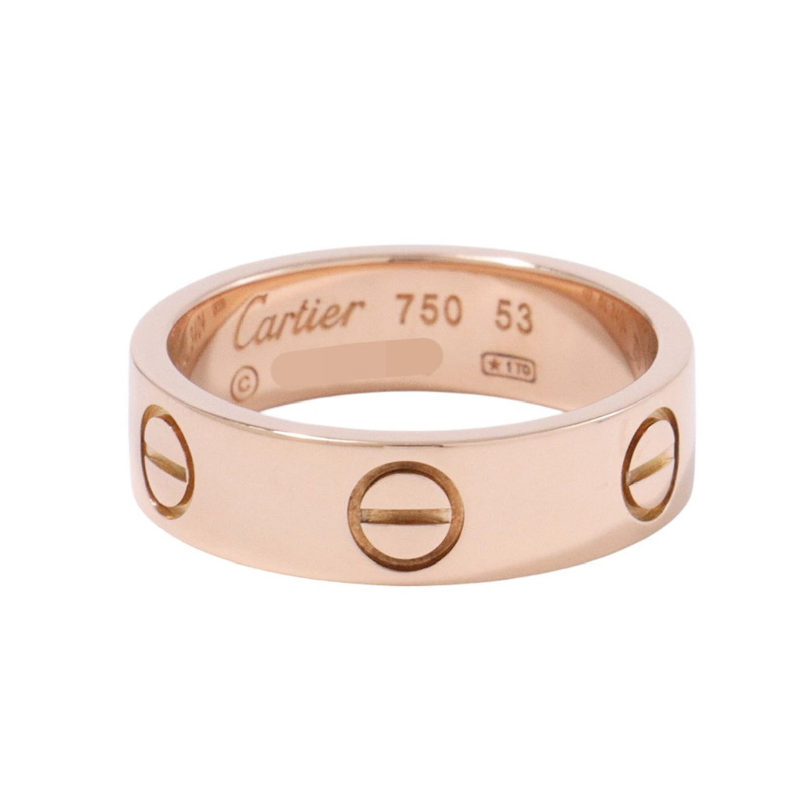 Pink gold 18k ring band from Cartier: Pink gold 18k ring band from Cartier Pink gold 18k ring band from Cartier, featuring a classic design with subtle pink hue. This 53mm band measures US size 6.5 and boasts a refined appearance that sho