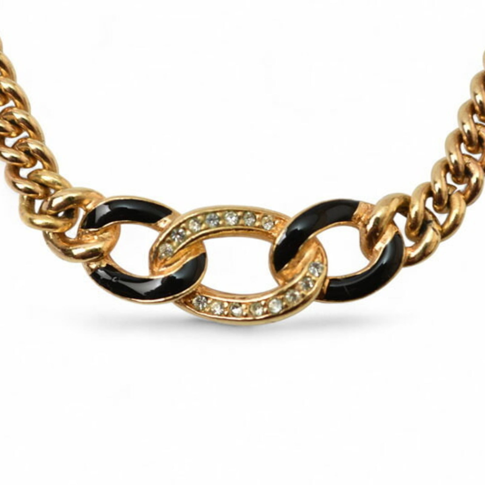 Christian Dior Necklace In Black And Gold With Rhinestones: Christian Dior Necklace In Black And Gold With Rhinestones Christian Dior Necklace in Black and Gold with Rhinestones. This gold-plated necklace features striking black and gold accents, adorned with 