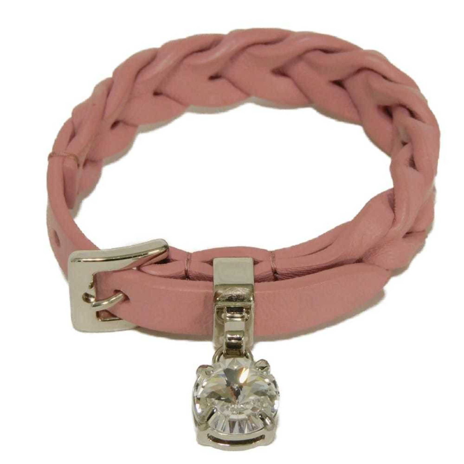 Miu Charm Bracelet Leather: Miu Charm Bracelet Leather The Miu Charm Bracelet Leather features a delicate pink leather strap adorned with crystal and rhinestone accents, adding a touch of elegance to any outfit. With its