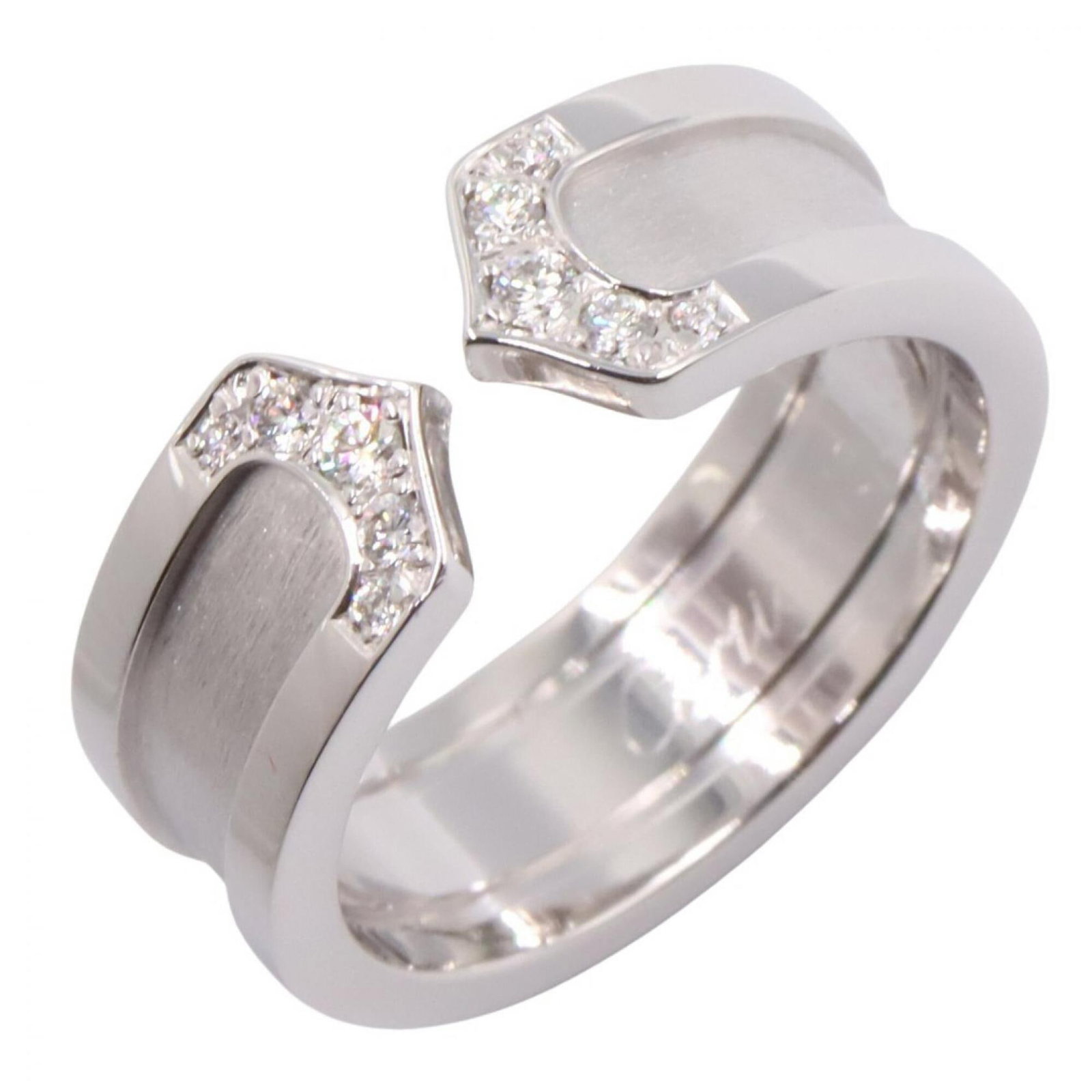 White Gold Cartier Band Ring 18K: White Gold Cartier Band Ring 18K White Gold Cartier Band Ring 18K features an 18K white gold band with clear, silver-toned details and a diamond stone. The ring is in very good condition, showing some
