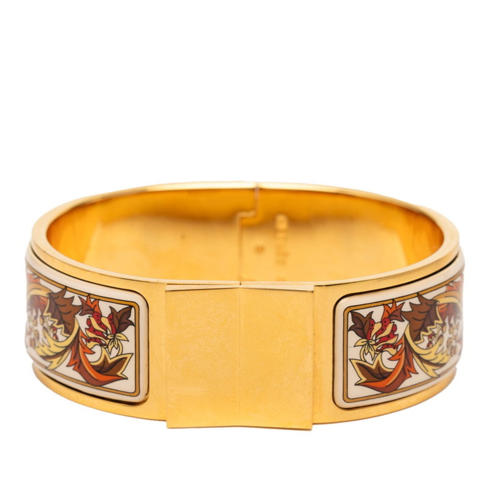Hermes Bangle: Hermes Bangle Gold and multi-color Hermes bangle with a length of 15.5cm, bearing traces of usage and minor scratches/dirt. This used bangle is in good condition overall. The signature can be seen on 