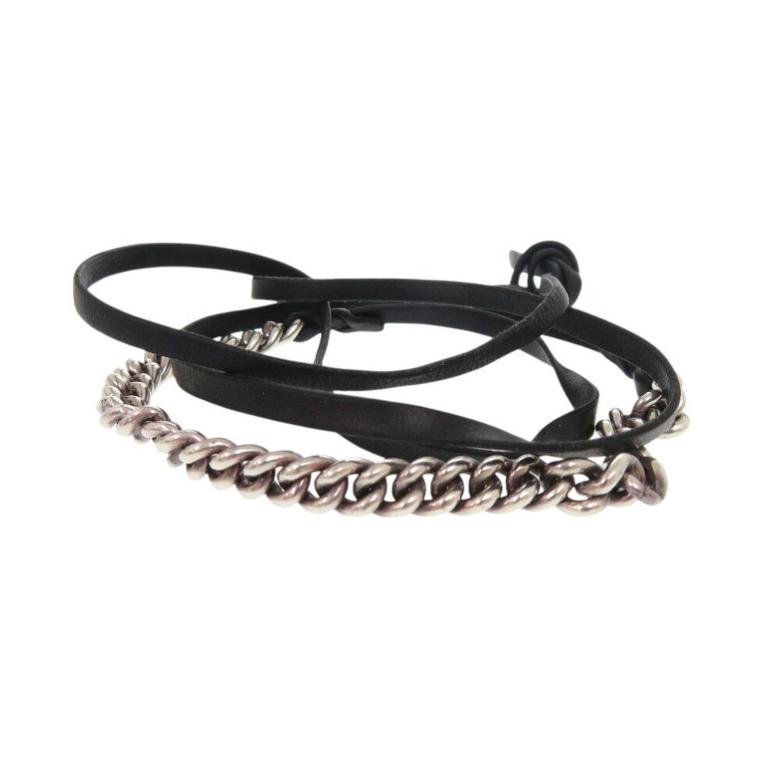 Hermes Charm Bracelet Leather Silver 925: Hermes Charm Bracelet Leather Silver 925 Leather and silver 925 charm bracelet from Hermes, featuring black and silver details. The total length measures 101cm, with visible traces of usage and minor 
