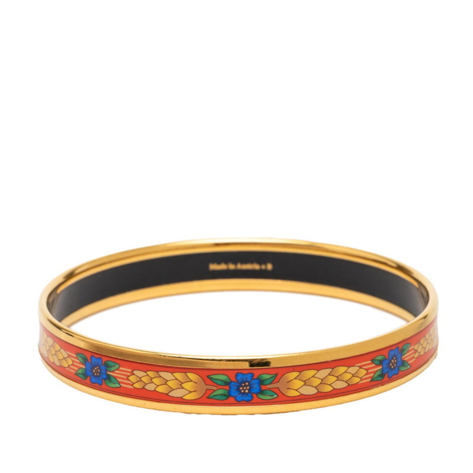 Hermes Bangle Cloisonn/ Enamel Gold Plating: Hermes Bangle Cloisonn/ Enamel Gold Plating Gold-plated cloisonn enamel bangle from Hermes, featuring a classic design with subtle red accents. Measuring 19.5cm in length, this bangle showcases the