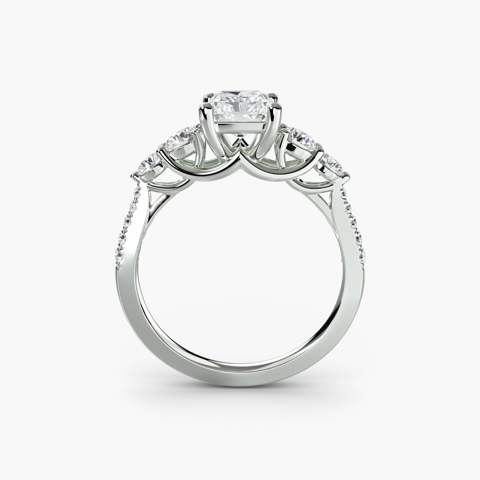 Pave Radiant 950 Platinum Ring Setting: Pave Radiant 950 Platinum Ring Setting Radiant pave setting in 950 platinum, featuring 14 side stones totaling 0.595 carats of lab-grown EF/VS color and clarity. This new ring boasts a sleek design wi
