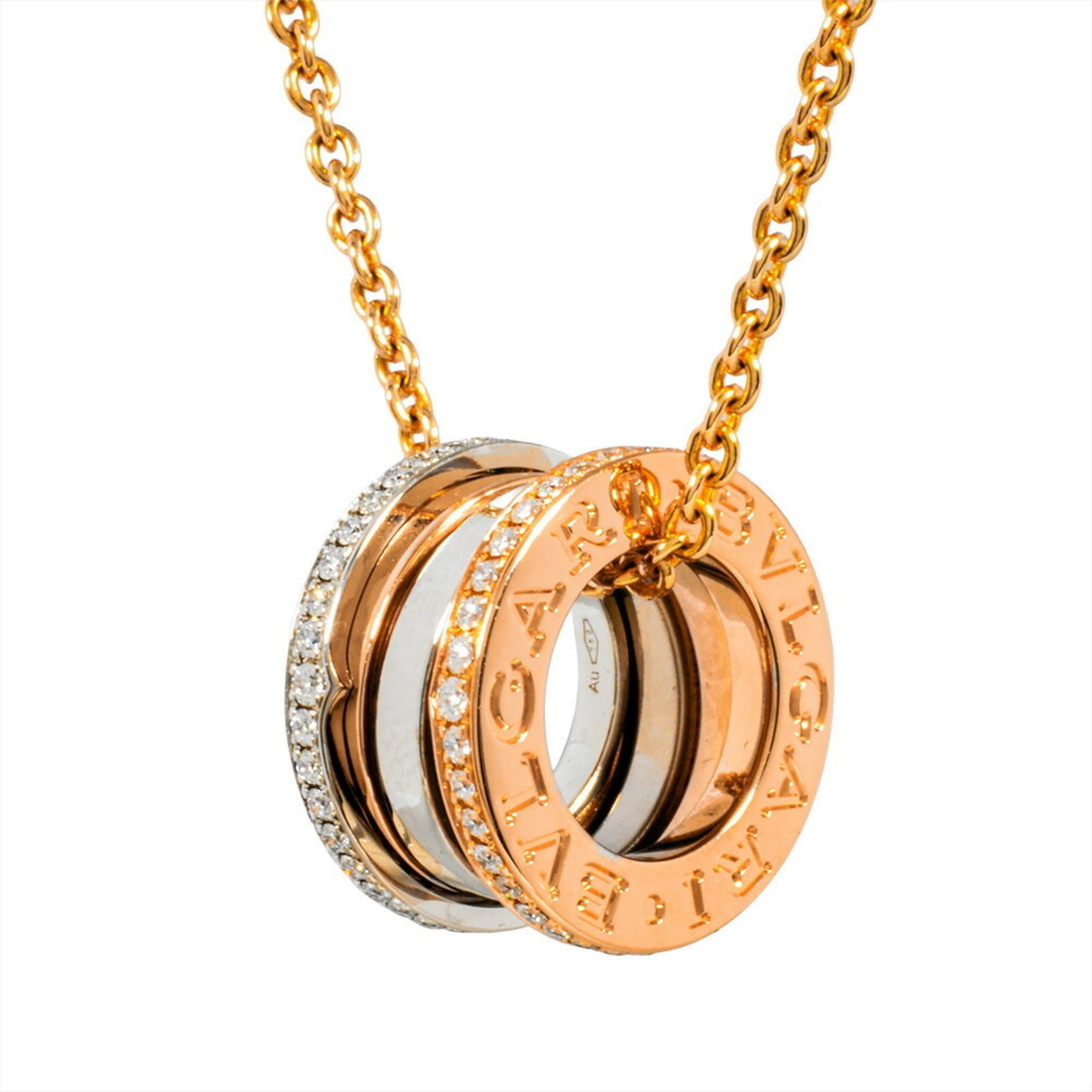 Bvlgari B.Zero1 Perfect Mistake Necklace With Diamonds 355062 12.9G 18K Gold Pink And White: Bvlgari B.Zero1 Perfect Mistake Necklace With Diamonds 355062 12.9G 18K Gold Pink And White Pink and white 18K gold Bvlgari B.Zero1 Perfect Mistake Necklace features a diamond pendant weighing 12.9g,