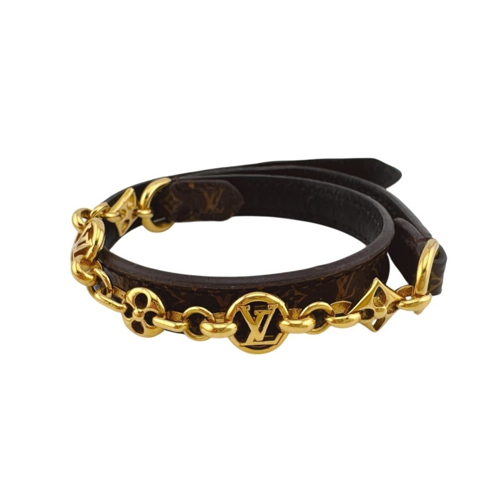 Louis Vuitton Bangle Leather: Louis Vuitton Bangle Leather Brown and gold leather bangle from Louis Vuitton, measuring 43cm in length with a 1cm wide band. The item bears traces of usage and minor damages, but remains in acceptabl
