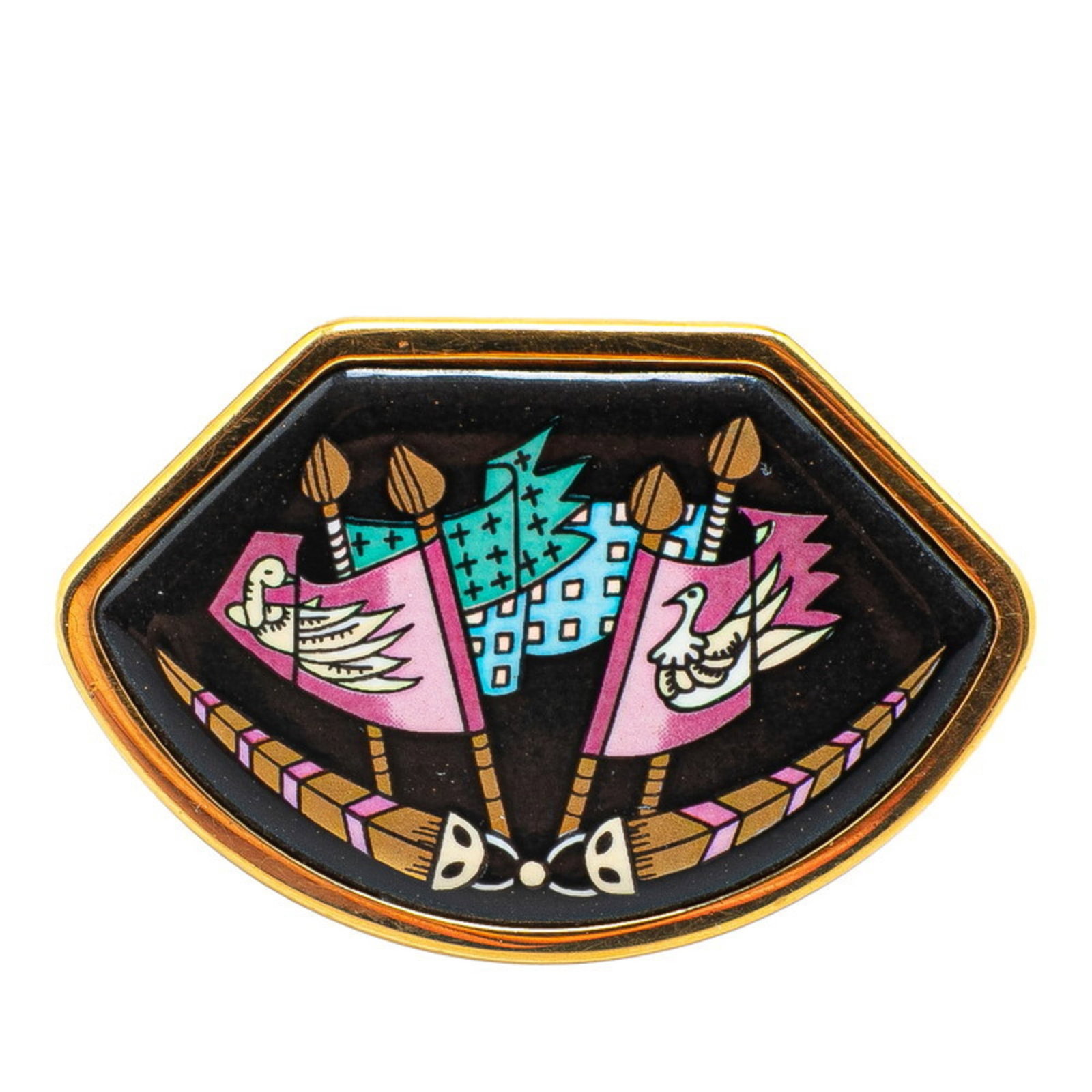 Hermes Brooch: Hermes Brooch The Hermes brooch boasts a sleek black and gold design, showcasing a multi-color pattern. Measuring 2.96cm x 4.47cm, it features a subtle wear from previous use, with minor scratches and