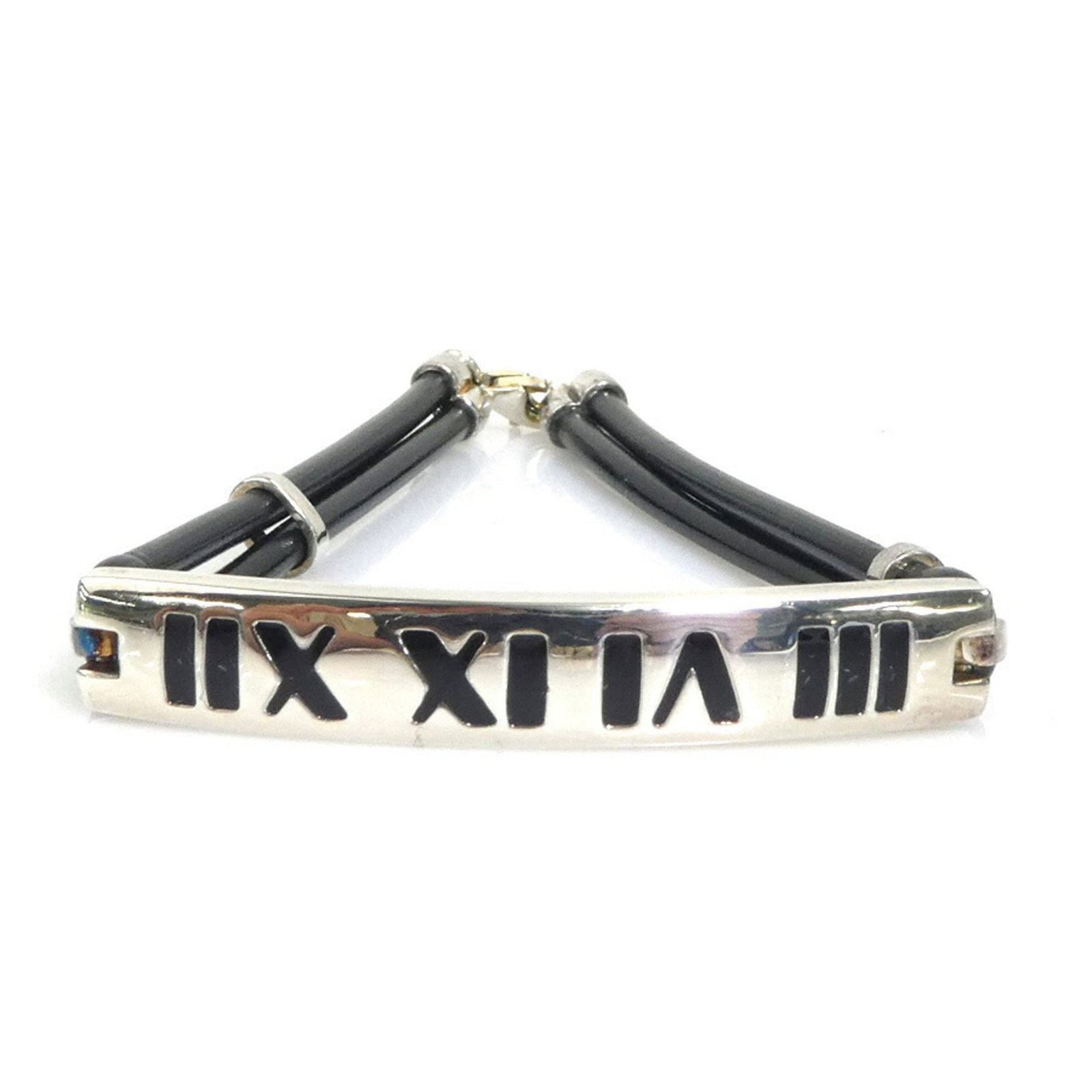 Silver Charm Bracelet with Tiffany Rubber: Silver Charm Bracelet with Tiffany Rubber Silver Charm Bracelet with Tiffany Rubber features a durable black rubber band and silver accents, adding a touch of elegance to any outfit. The bracelet's 18
