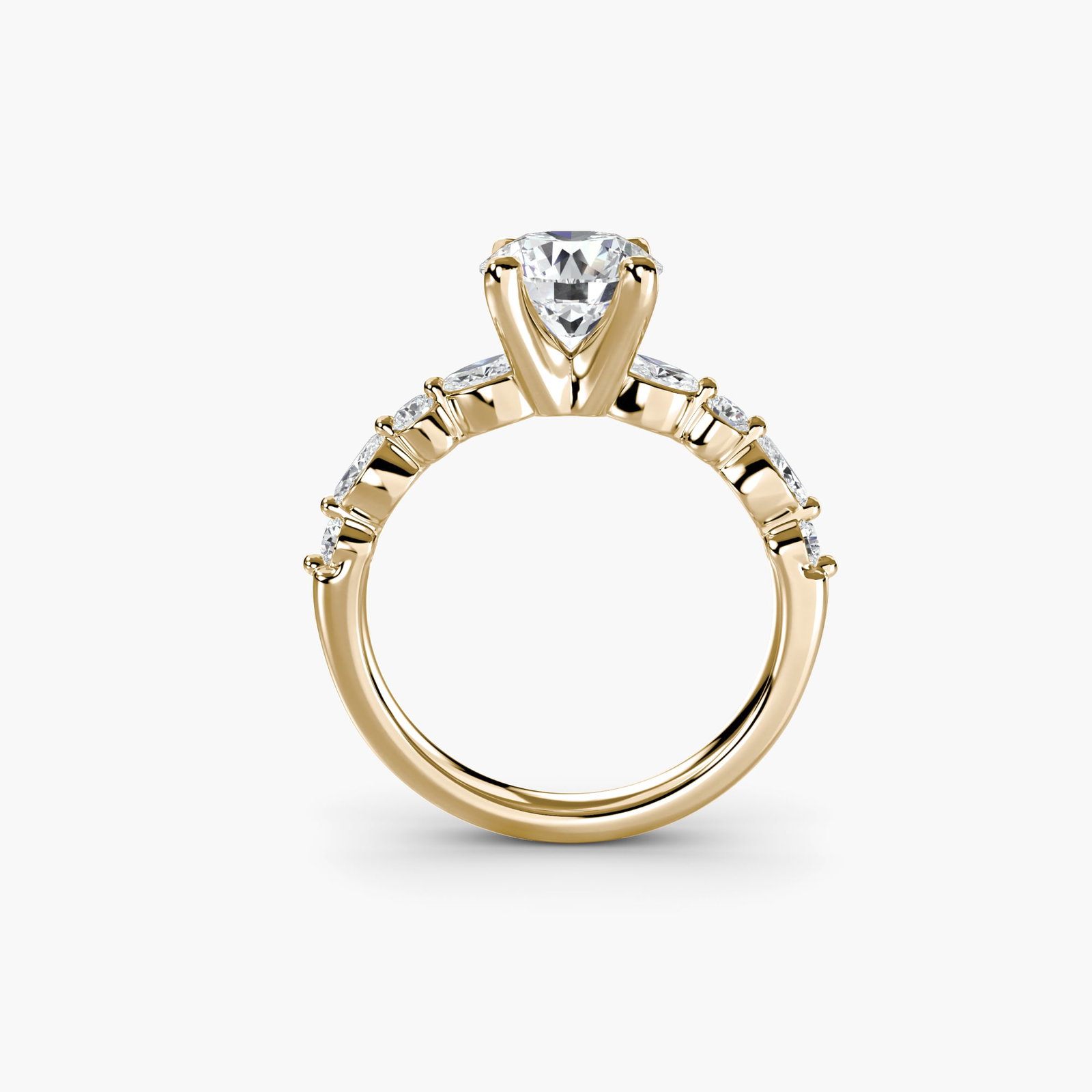 Pave Round 18Kt Yellow Gold Ring Setting: Pave Round 18Kt Yellow Gold Ring Setting 18Kt Yellow Gold Pave Ring Setting - A delicate round ring featuring 8 pave side stones, totaling 0.348 carats, set in a sturdy 2.5mm wide band made from
