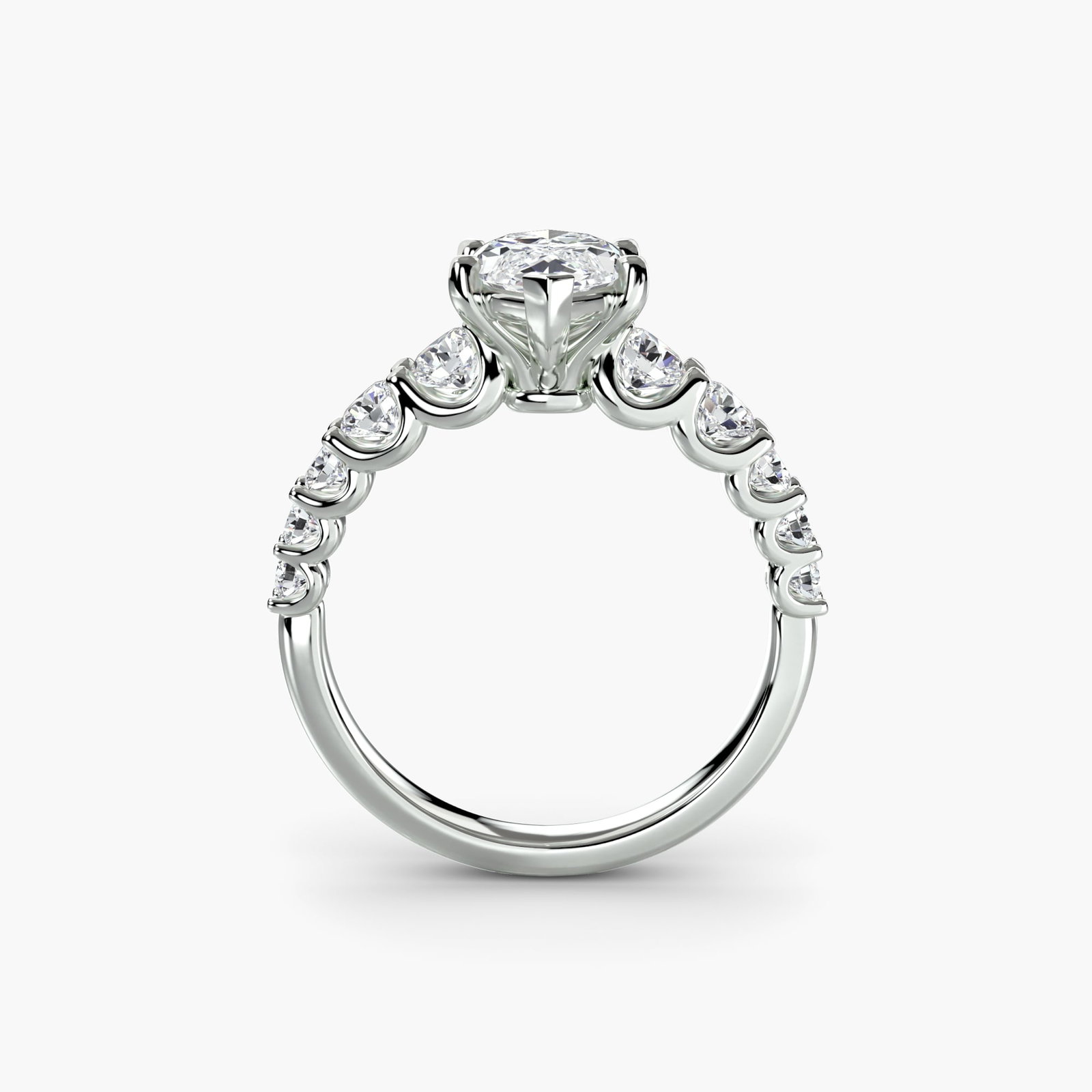 Side Stone Marquise 18Kt White Gold Ring Setting: Side Stone Marquise 18Kt White Gold Ring Setting Marquise shape adds elegance to this 18Kt white gold ring setting, featuring ten lab-grown side stones totaling 1.38 carats in EF/VS clarity and color.
