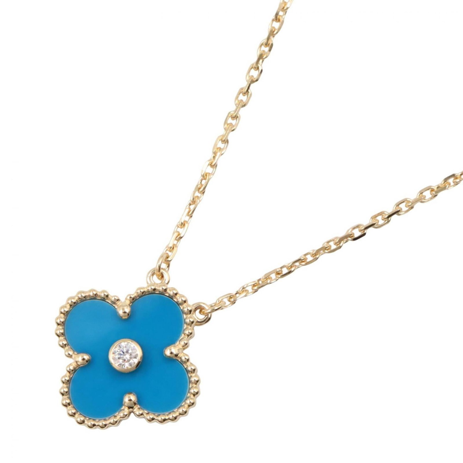 Van Cleef & Arpels Vintage Alhambra 1Pd Blue Agate Necklace 18K (Yellow Gold) Diamond Agate Women'S: Van Cleef & Arpels Vintage Alhambra 1Pd Blue Agate Necklace 18K (Yellow Gold) Diamond Agate Women'S Yellow gold (18K) necklace featuring a beautiful blue agate stone surrounded by diamonds, set in a c