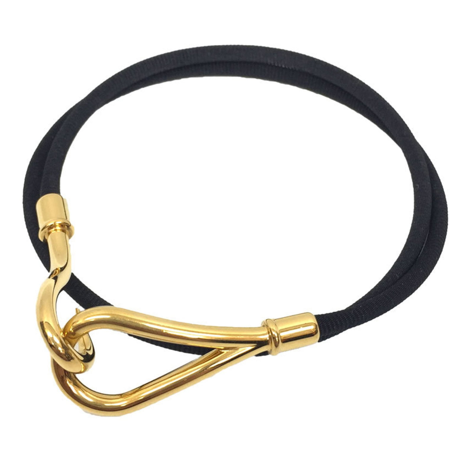 Hermes Charm Bracelet Brass Cotton: Hermes Charm Bracelet Brass Cotton Brass and cotton come together in a unique charm bracelet from Hermes, featuring a black and gold design. The total length measures 43cm, with some minor signs of