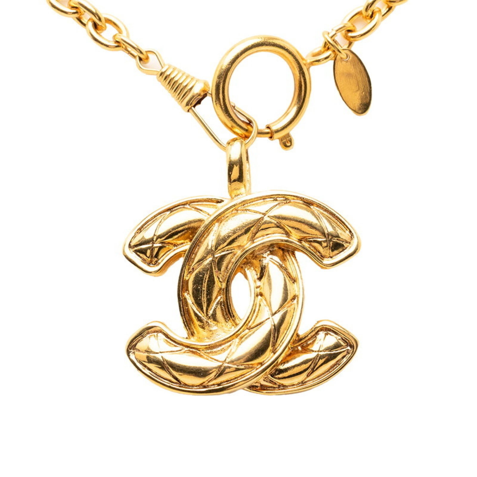 Women's Coco Chanel Matelass Necklace Mark Long Gold Plated: Women's Coco Chanel Matelass Necklace Mark Long Gold Plated Gold Plated Coco Chanel Matelass Necklace Mark Long, 94 cm / 37'' neck circumference, 42.9mm x 38.7mm pendant size, used in good condition