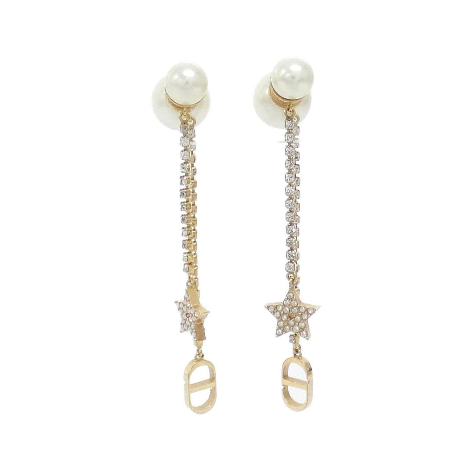 Christian Dior Drop earrings: Christian Dior Drop earrings Clear, gold-plated Christian Dior drop earrings with a subtle shine. Measuring 70mm in length and 11mm in width, these earrings feature a delicate design that adds a