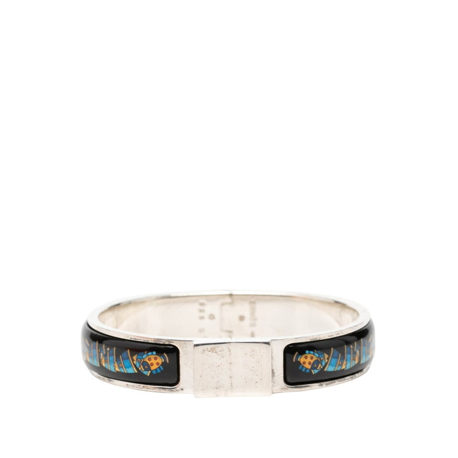 Hermes Bangle Silver 925: Hermes Bangle Silver 925 Silver bangle from the renowned French fashion house Hermes, crafted in sterling silver (925). This elegant black and blue-toned bangle boasts a sleek design with subtle width