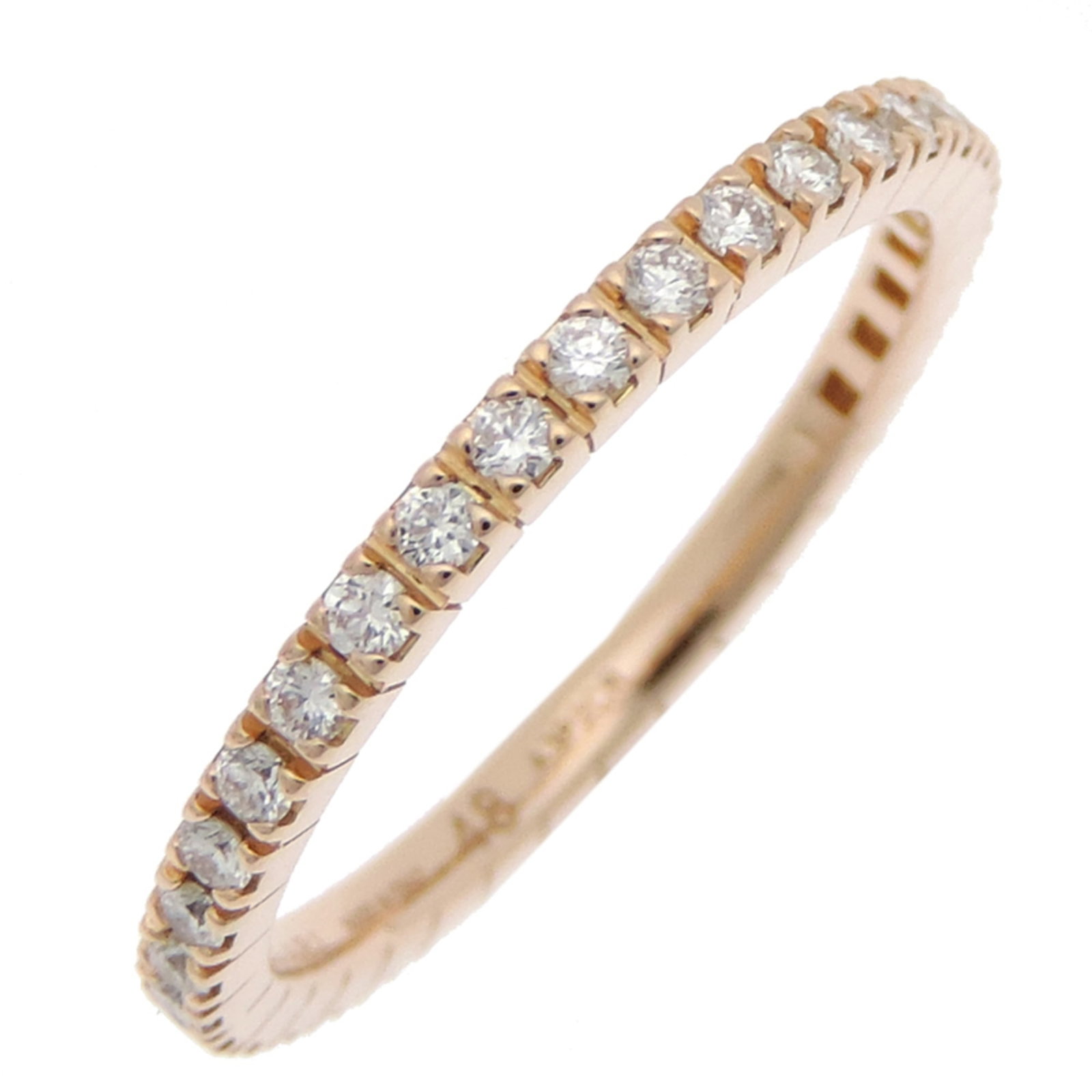 Pink Gold 18K Bvlgari Band Ring: Pink Gold 18K Bvlgari Band Ring Pink Gold 18K Bvlgari Band Ring features a stunning diamond stone set in 18K pink gold. This used band ring has some traces of usage, with minor scratches and dirt visi