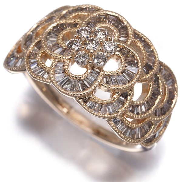 Brown Diamond 1.26Ct Tapered-Cut Milgrain Flower Ring 18K 750 Rose Gold: Brown Diamond 1.26Ct Tapered-Cut Milgrain Flower Ring 18K 750 Rose Gold 18k rose gold ring features a natural brown diamond with a tapered-cut and milgrain flower design, set in a elegant 1.26ct main 