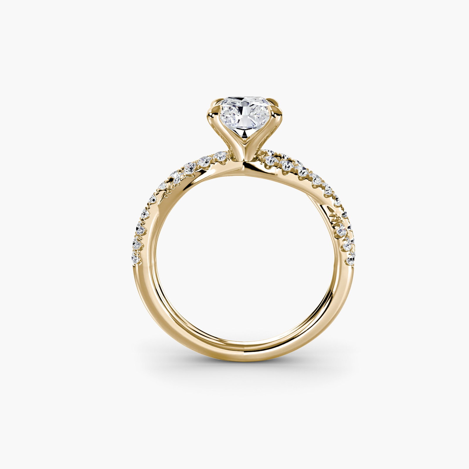 Pave Radiant 18Kt Yellow Gold Ring Setting: Pave Radiant 18Kt Yellow Gold Ring Setting Pave Radiant 18Kt Yellow Gold Ring Setting features a radiant ring design with 34 pave side stones totaling 0.381 carats in EF/VS lab-grown stone color and
