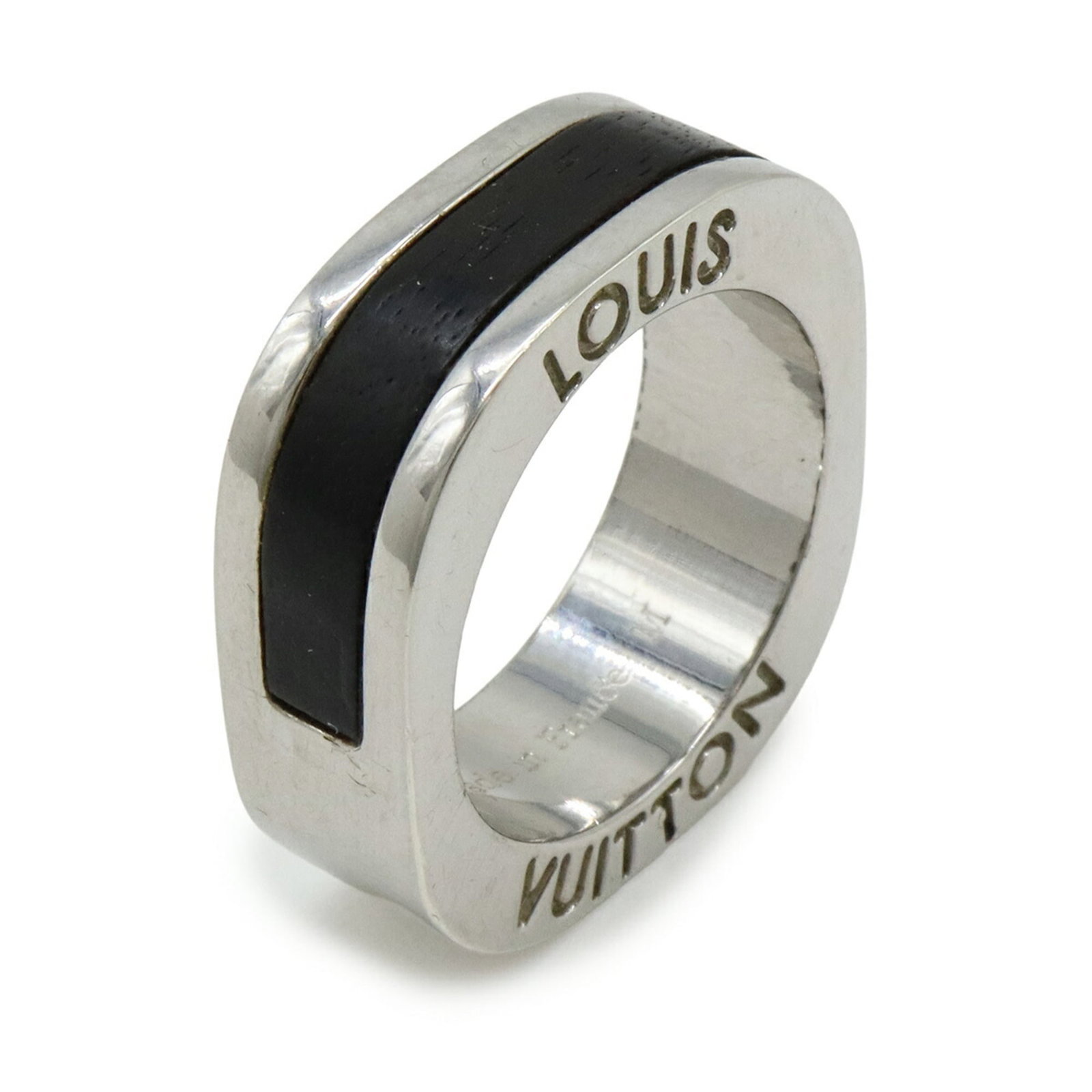 Louis Vuitton Band Ring Metal Wood: Louis Vuitton Band Ring Metal Wood Dark Brown and Silver Louis Vuitton Band Ring Metal Wood. This used band ring features metal and wood materials, with a dark brown and silver color combination.