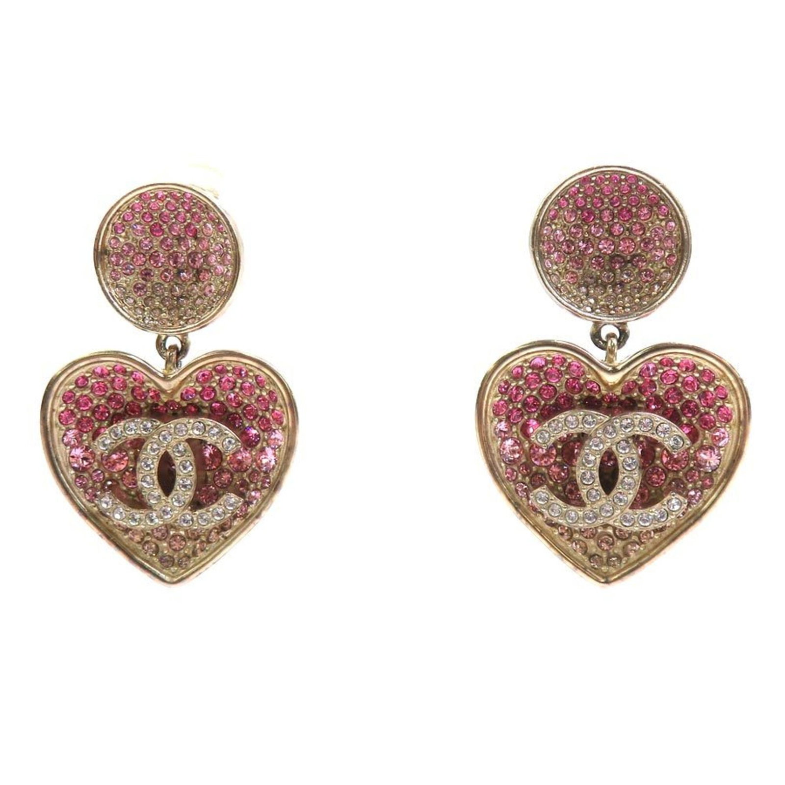 Metal Rhinestone Clip Chanel Earrings: Metal Rhinestone Clip Chanel Earrings Metal Rhinestone Clip Chanel Earrings are made from metal and feature rhinestones in gold and pink. The earrings measure 42.00mm x 27.00mm and have a used