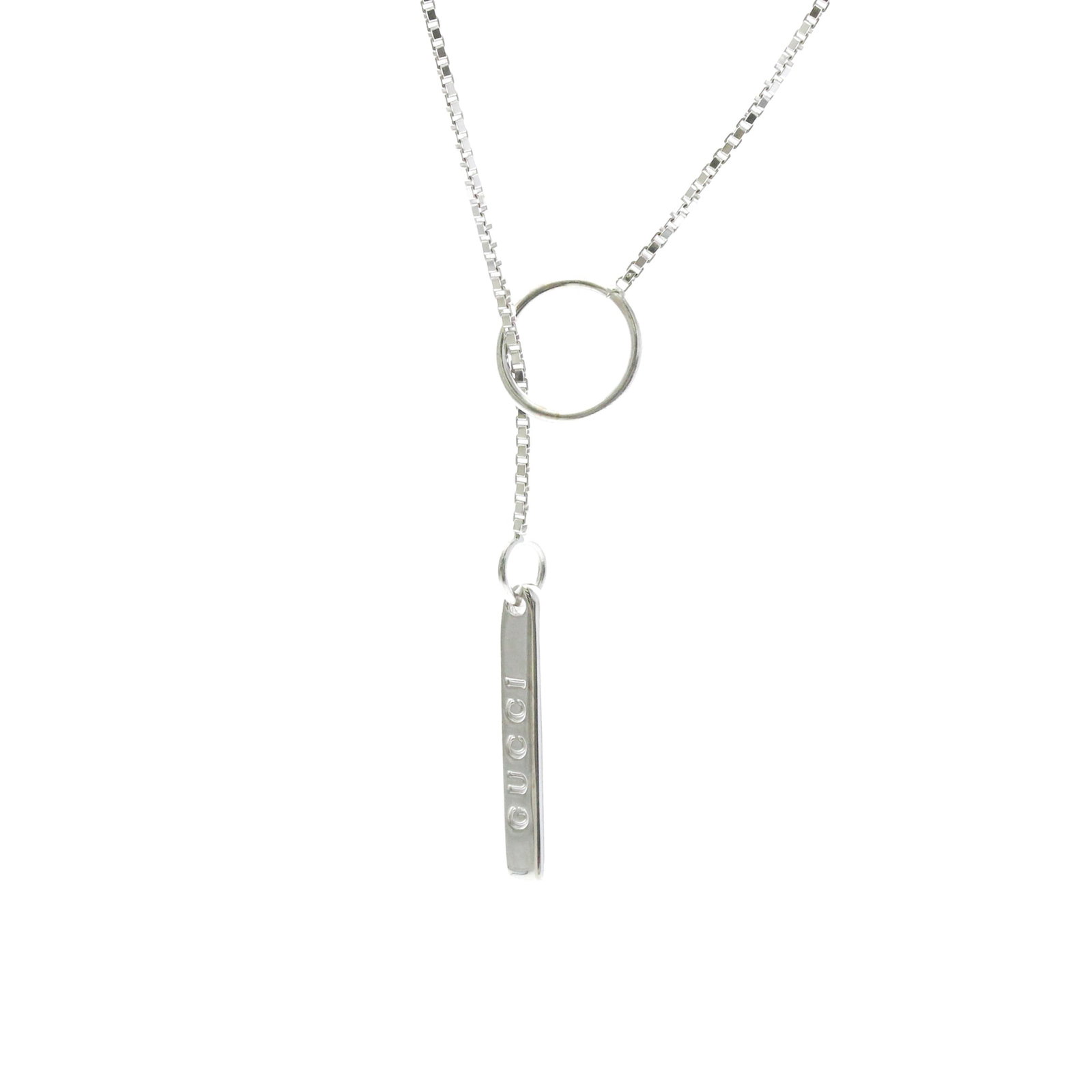 Gucci Lariat Necklace White Gold (18K) No Stone Menwomen Fashion Pendant Necklace (Silver): Gucci Lariat Necklace White Gold (18K) No Stone Menwomen Fashion Pendant Necklace (Silver) White Gold (18K) Gucci Lariat Necklace in Silver Finish. This fashion pendant necklace from Gucci features a
