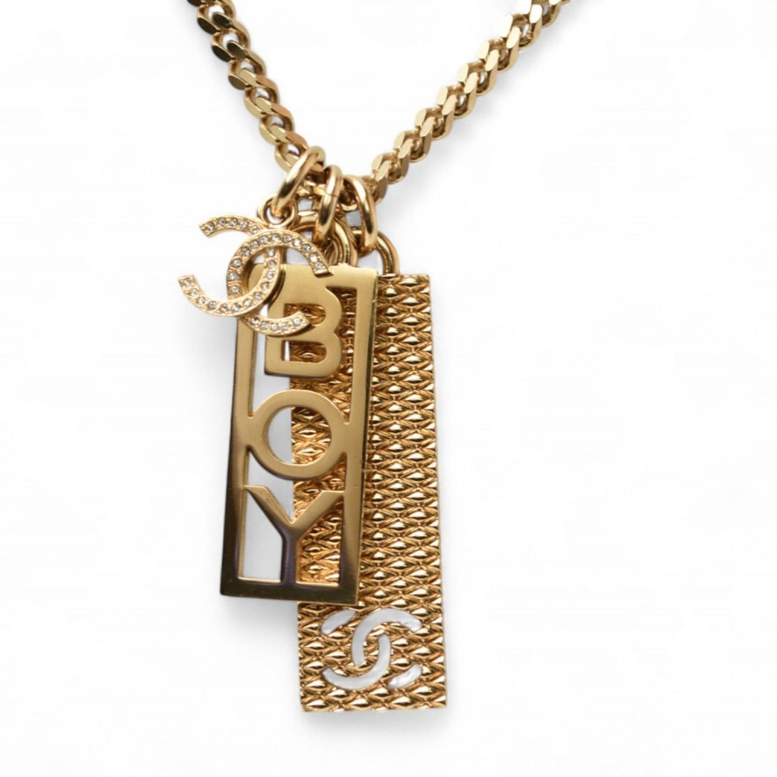Chanel Long Necklace Pendant Boy Chanel Boy Coco Cc Tag C22P Gold: Chanel Long Necklace Pendant Boy Chanel Boy Coco Cc Tag C22P Gold Gold Plated Chanel Long Necklace Pendant with Rhinestone Stone, 87 cm / 34.25'' Circumference and 40mm x 15mm Pendant Size. This gold 